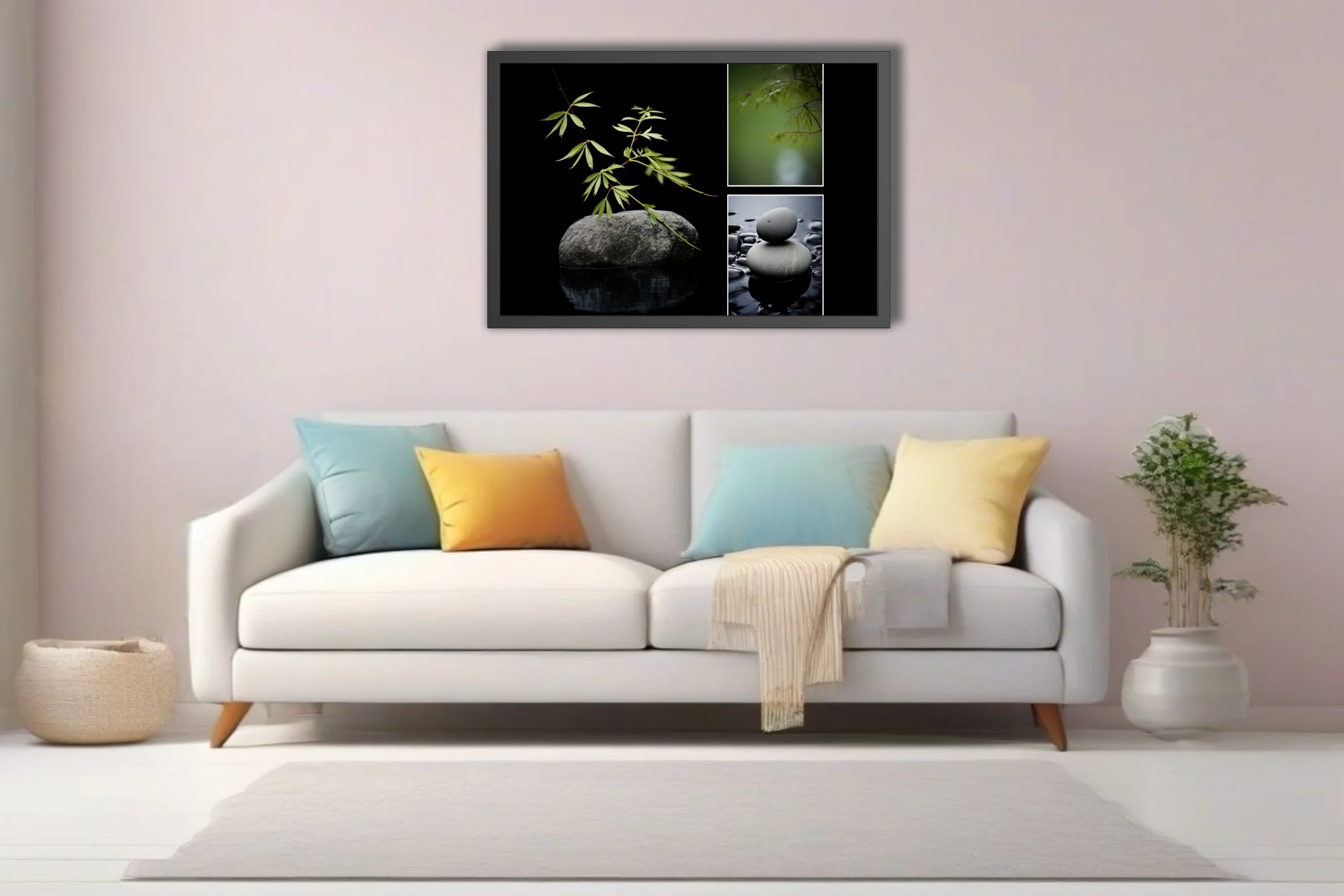 Minimalist zen composition with botanical stems, balanced stones, and still water
