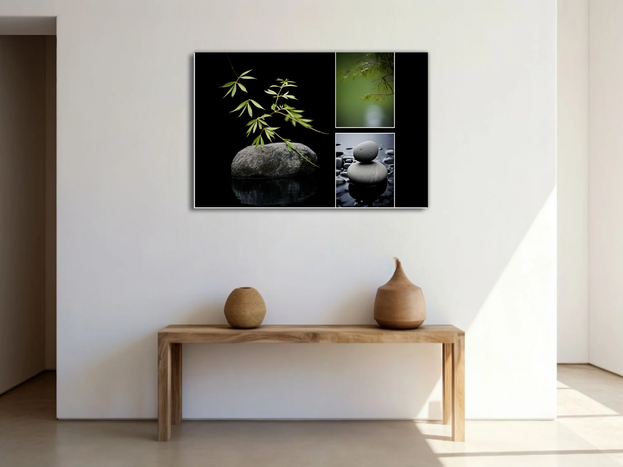 Minimalist zen composition with botanical stems, balanced stones, and still water