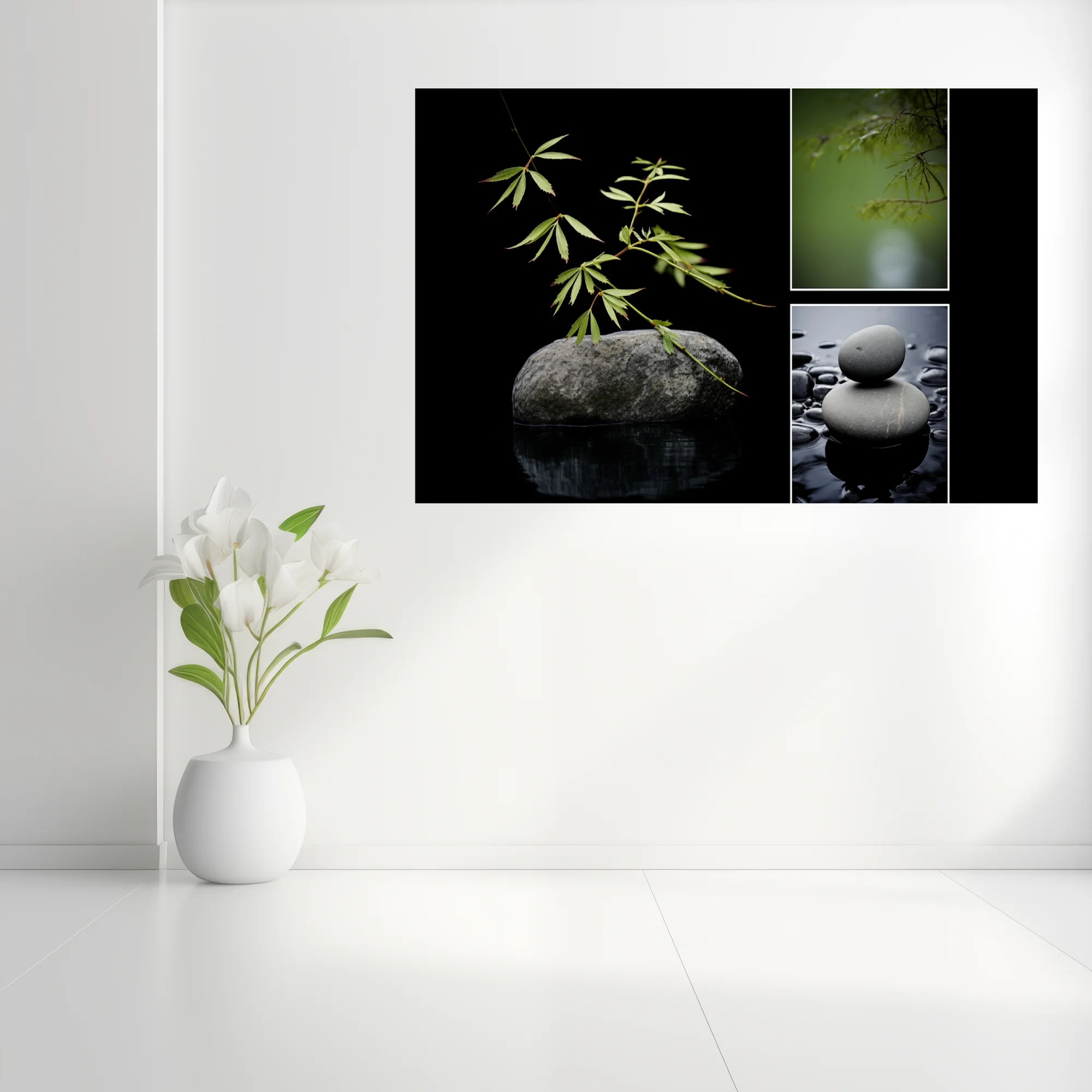 Minimalist zen composition with botanical stems, balanced stones, and still water