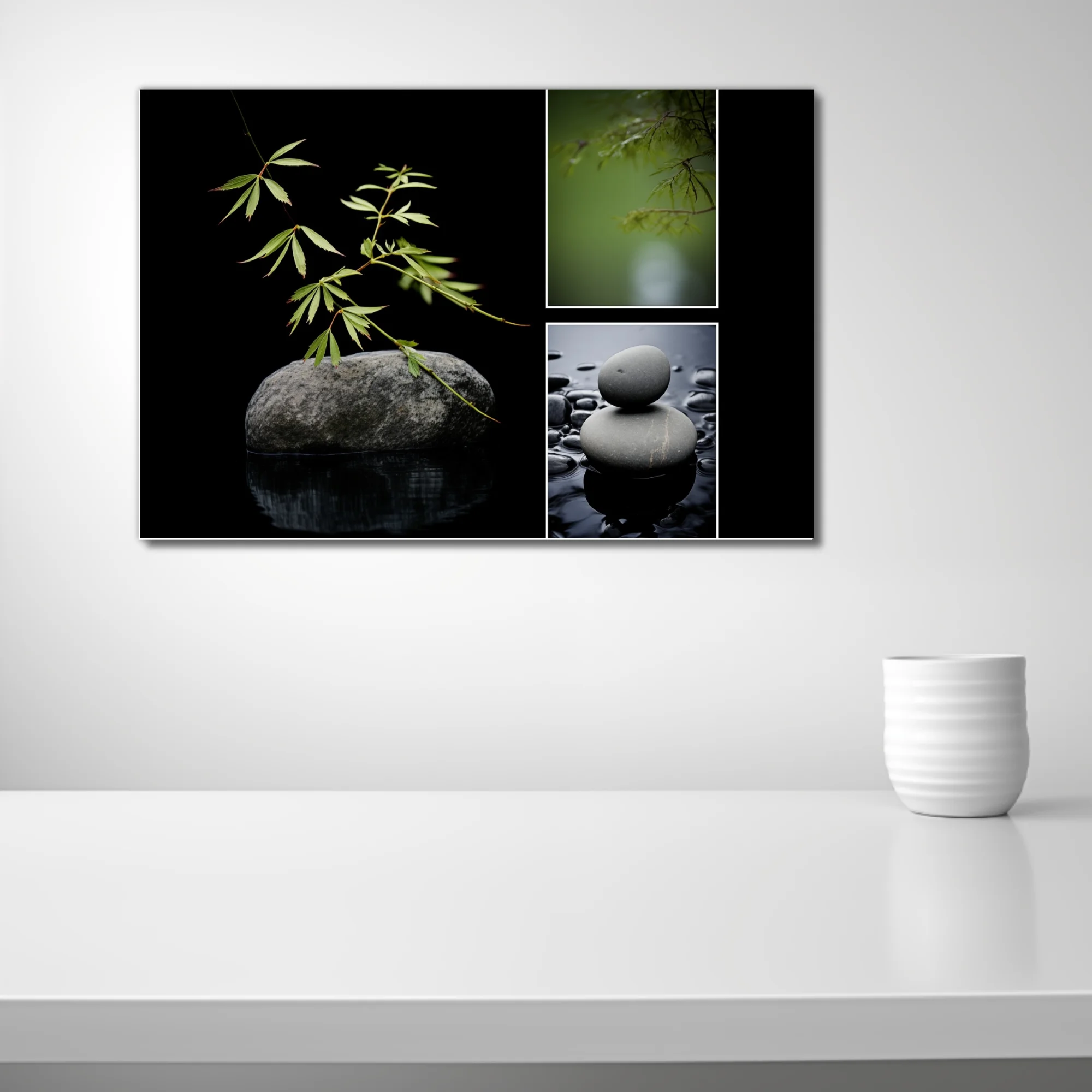 Minimalist zen composition with botanical stems, balanced stones, and still water