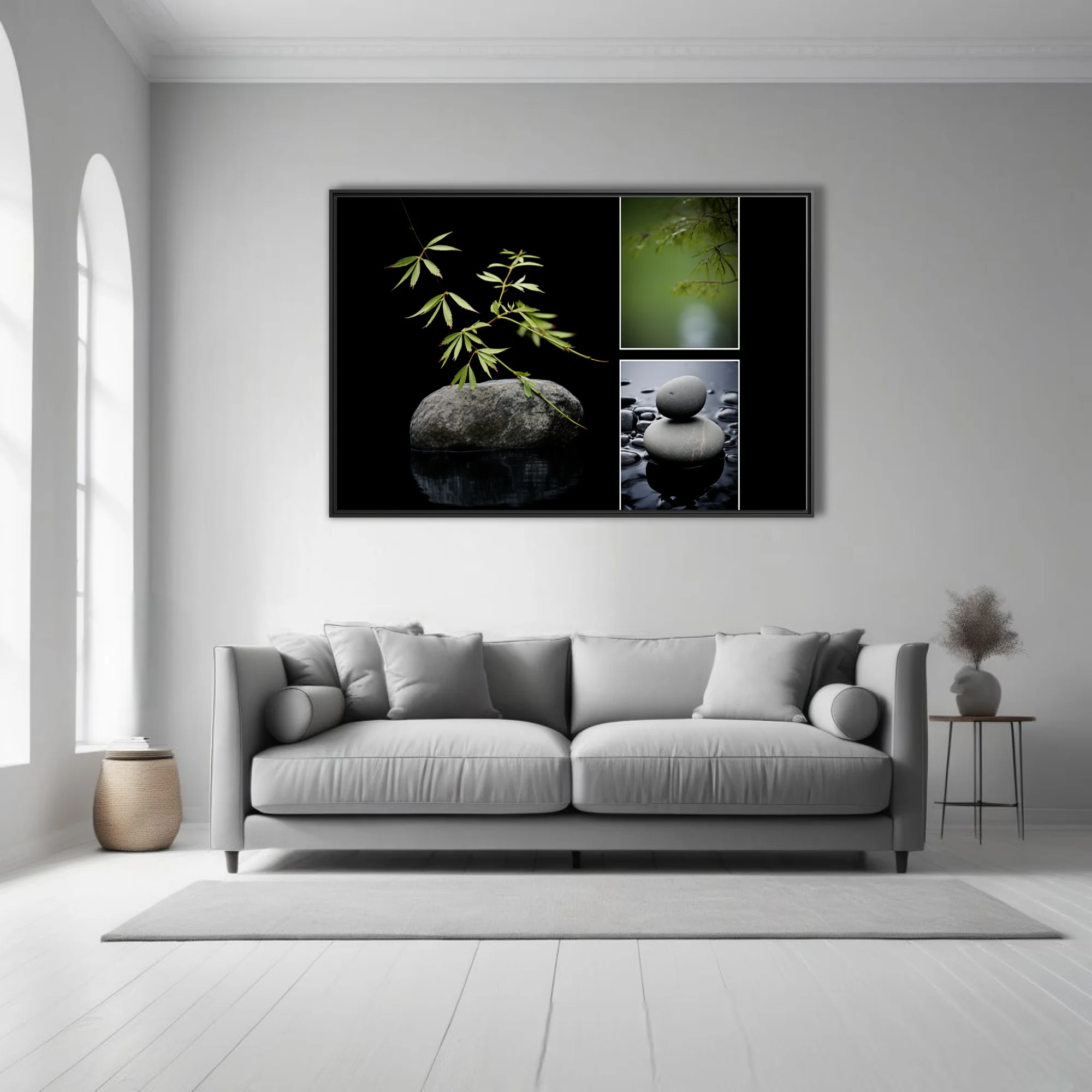 Minimalist zen composition with botanical stems, balanced stones, and still water