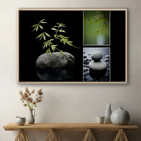 Minimalist zen composition with botanical stems, balanced stones, and still water