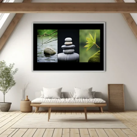 Zen nature triptych with balanced stones, water, and green botanicals