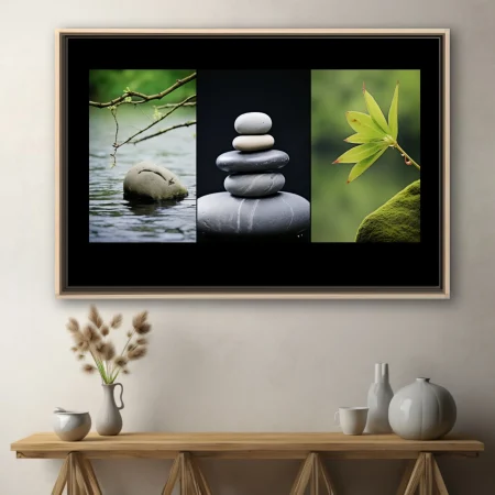 Zen nature triptych with balanced stones, water, and green botanicals