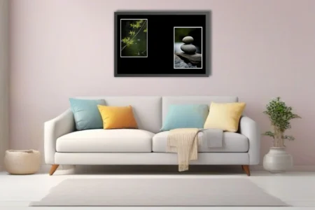 Zen nature diptych — botanical stems over water and stacked river stones, dark moody tones