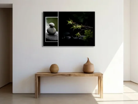 Minimalist zen stones and bamboo stems, dark moody palette