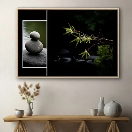Minimalist zen stones and bamboo stems, dark moody palette