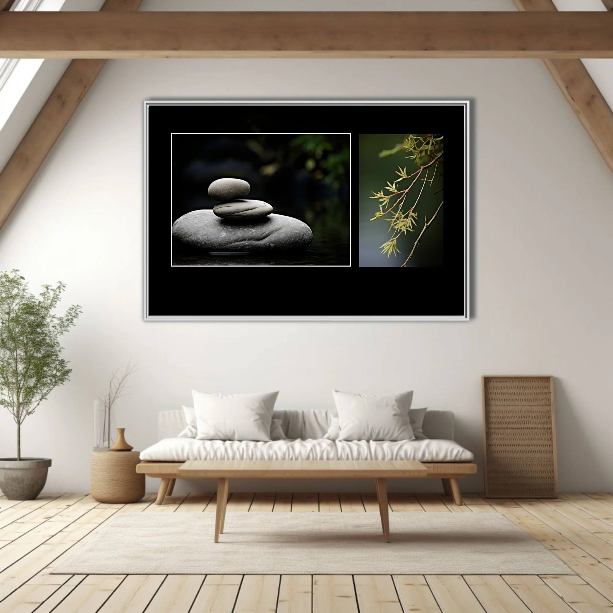 Zen stacked stones and willow branch botanical photo diptych, dark moody tones