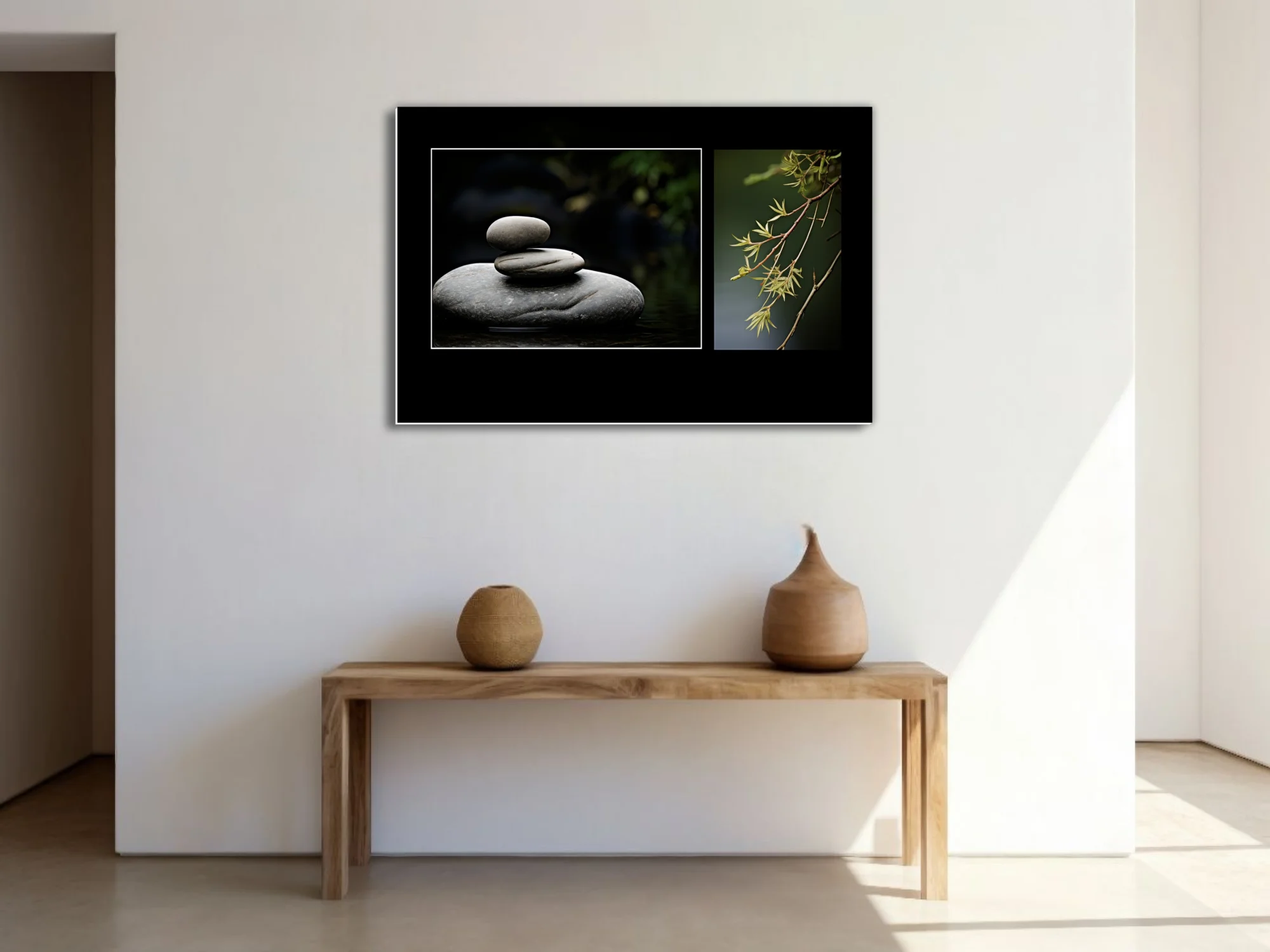 Zen stacked stones and willow branch botanical photo diptych, dark moody tones