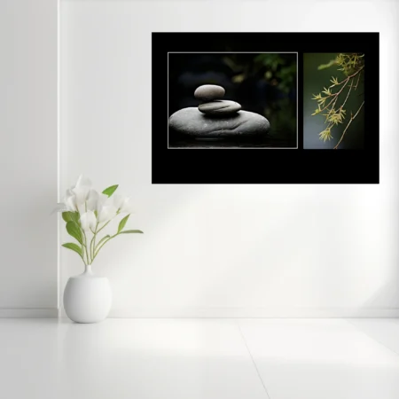 Zen stacked stones and willow branch botanical photo diptych, dark moody tones
