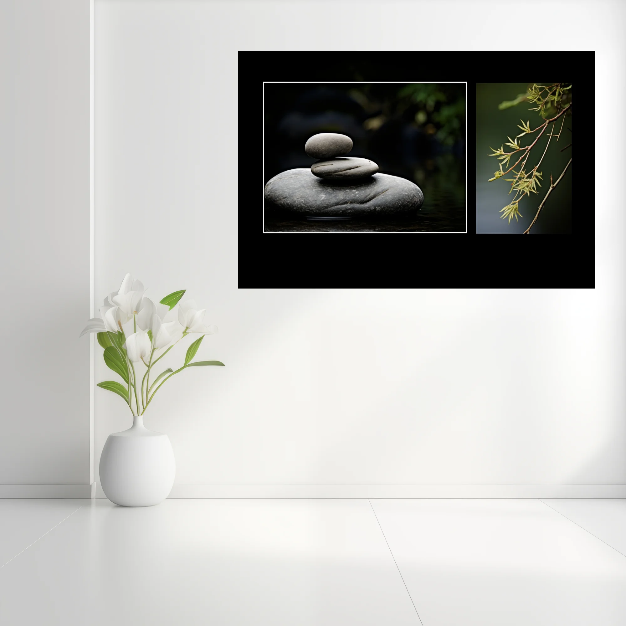 Zen stacked stones and willow branch botanical photo diptych, dark moody tones