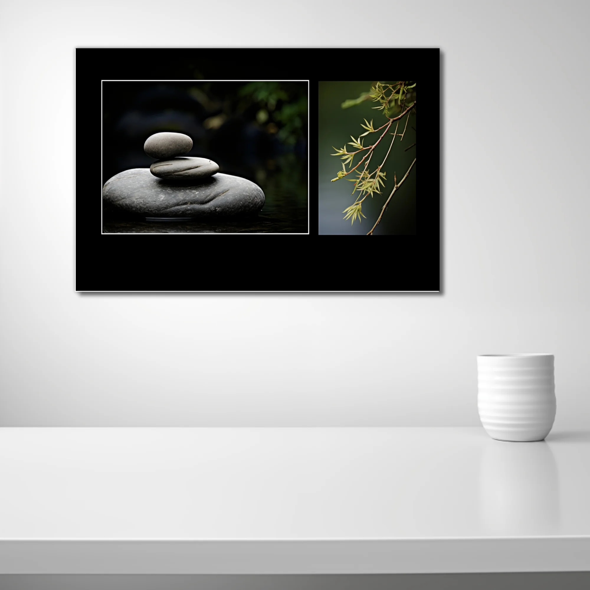 Zen stacked stones and willow branch botanical photo diptych, dark moody tones