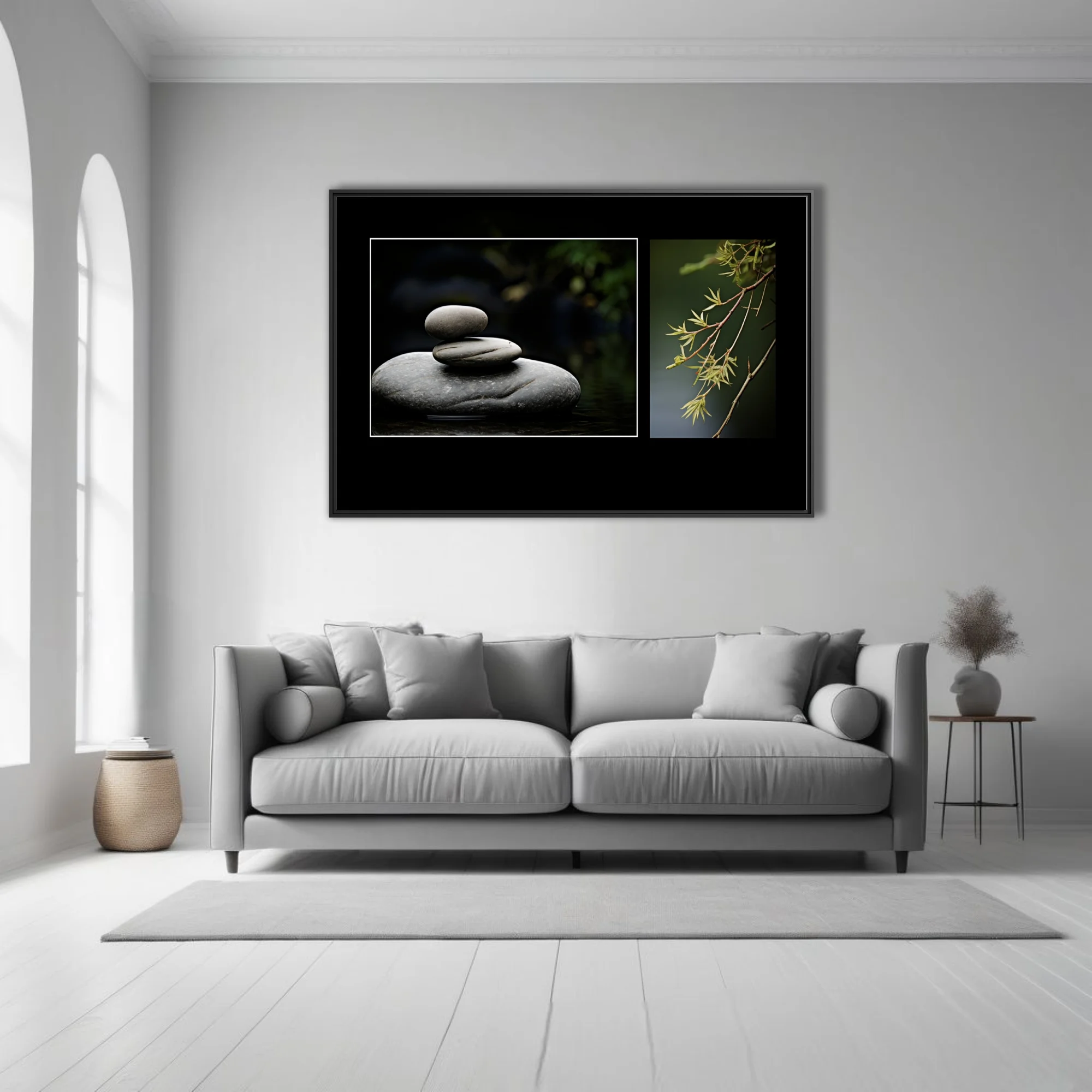 Zen stacked stones and willow branch botanical photo diptych, dark moody tones