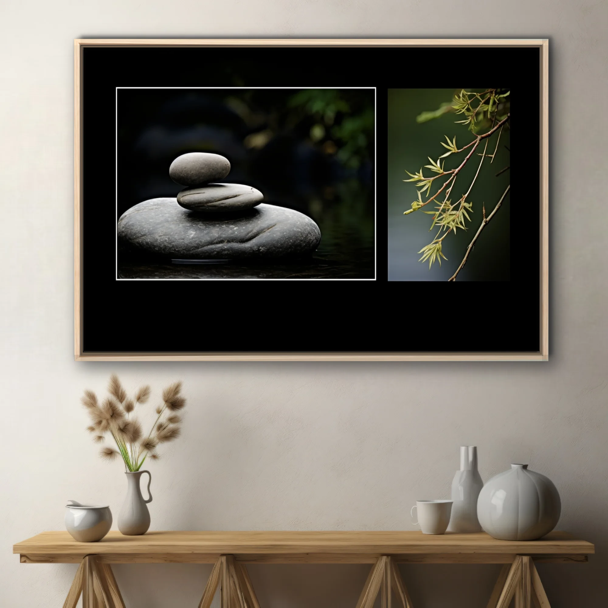 Zen stacked stones and willow branch botanical photo diptych, dark moody tones