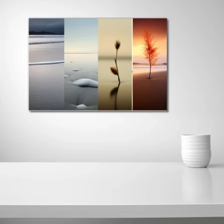 Minimalist four-panel landscape series, seasonal tones from icy silver to warm sienna
