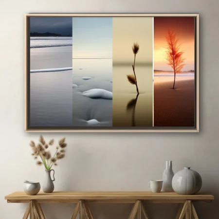 Minimalist four-panel landscape series, seasonal tones from icy silver to warm sienna