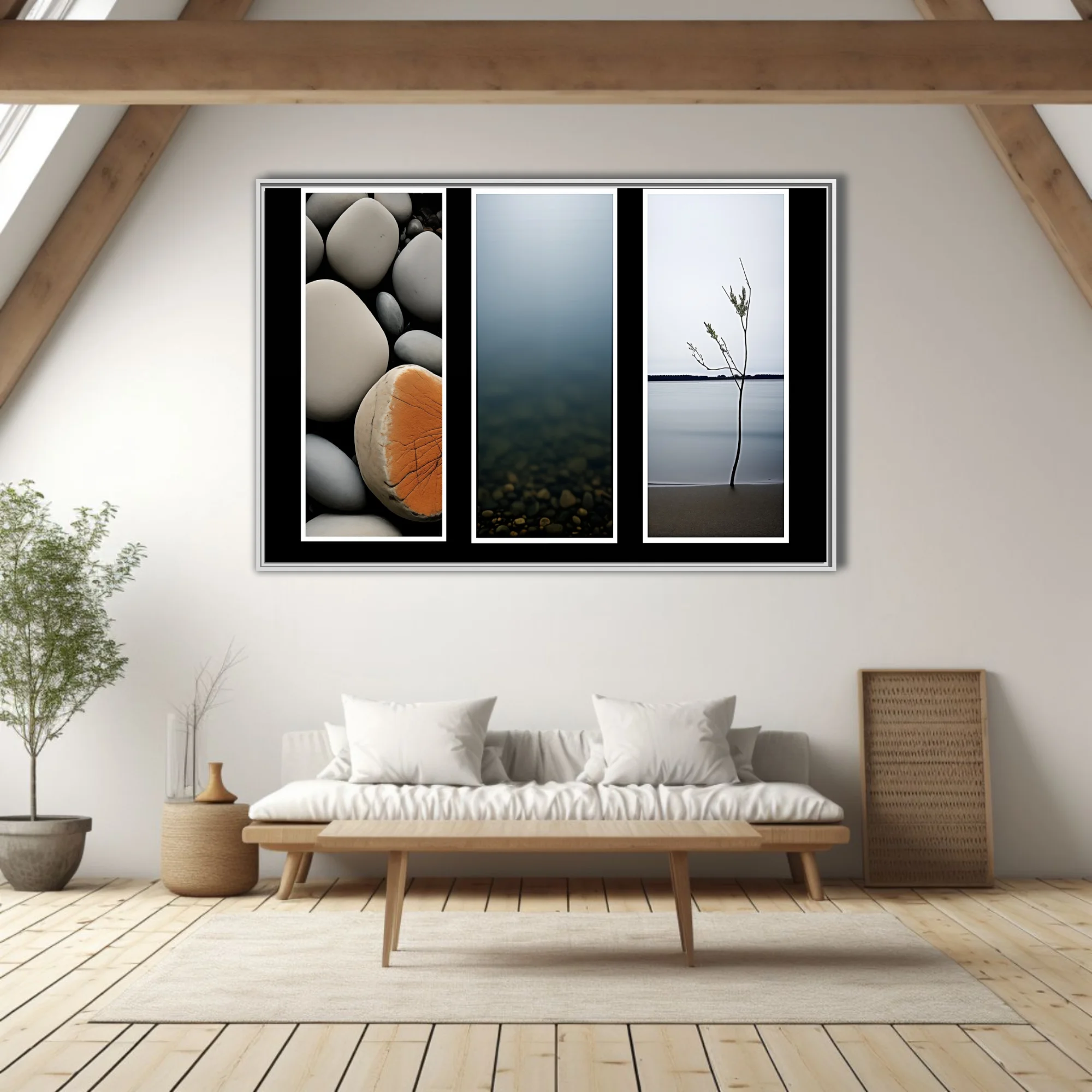 Minimalist nature triptych — coastal stones, misty water, lone sapling on calm shore