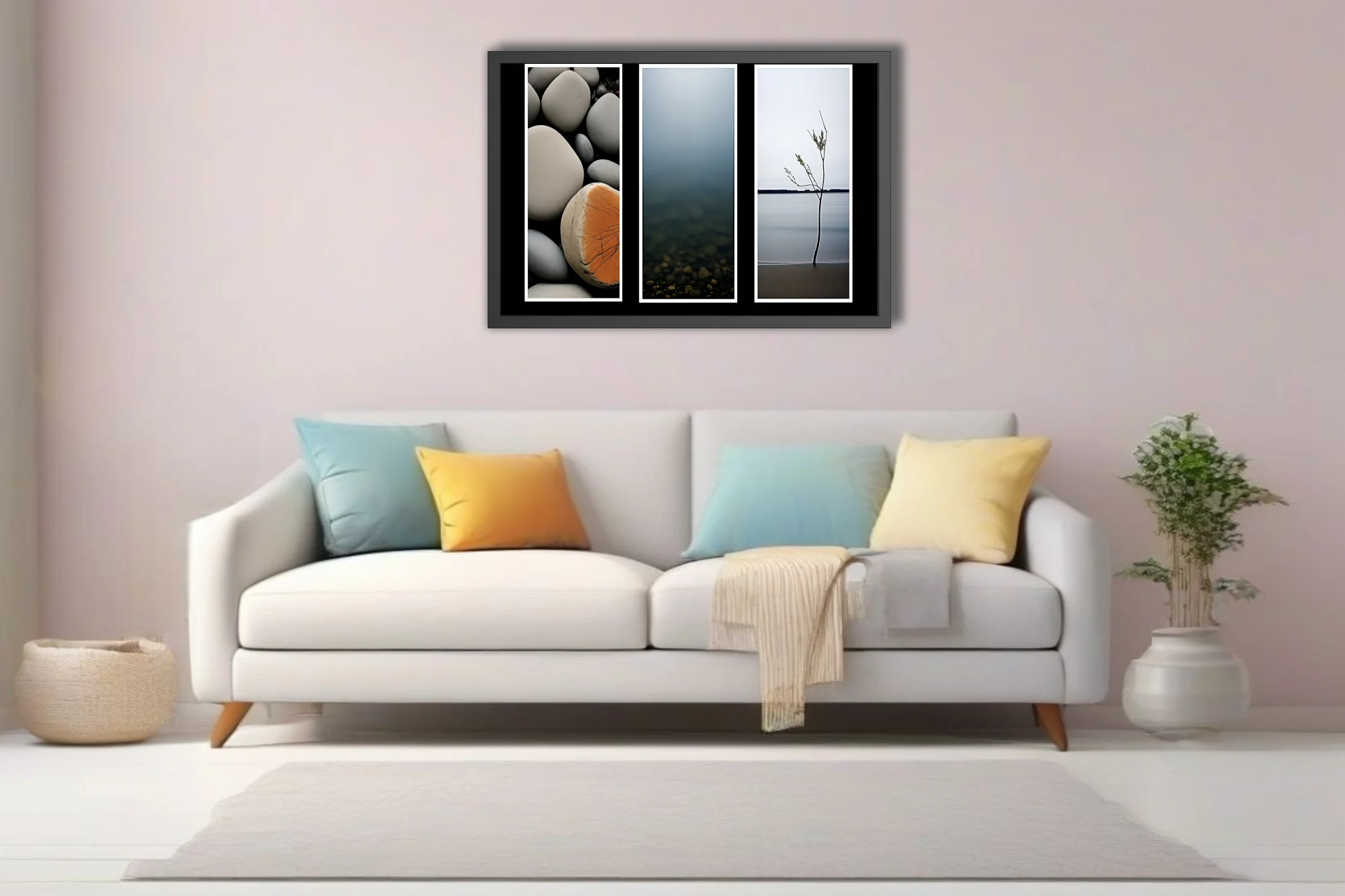 Minimalist nature triptych — coastal stones, misty water, lone sapling on calm shore