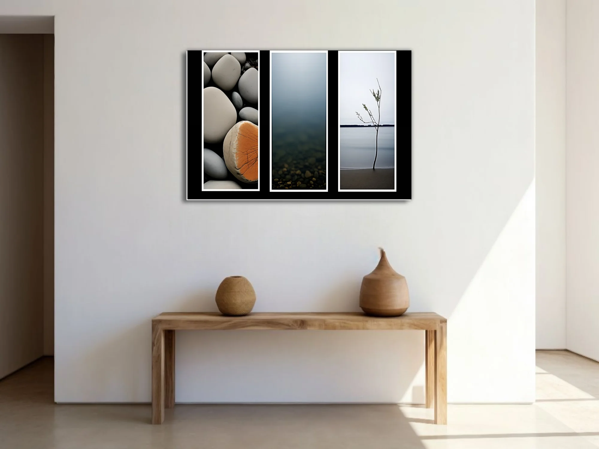 Minimalist nature triptych — coastal stones, misty water, lone sapling on calm shore