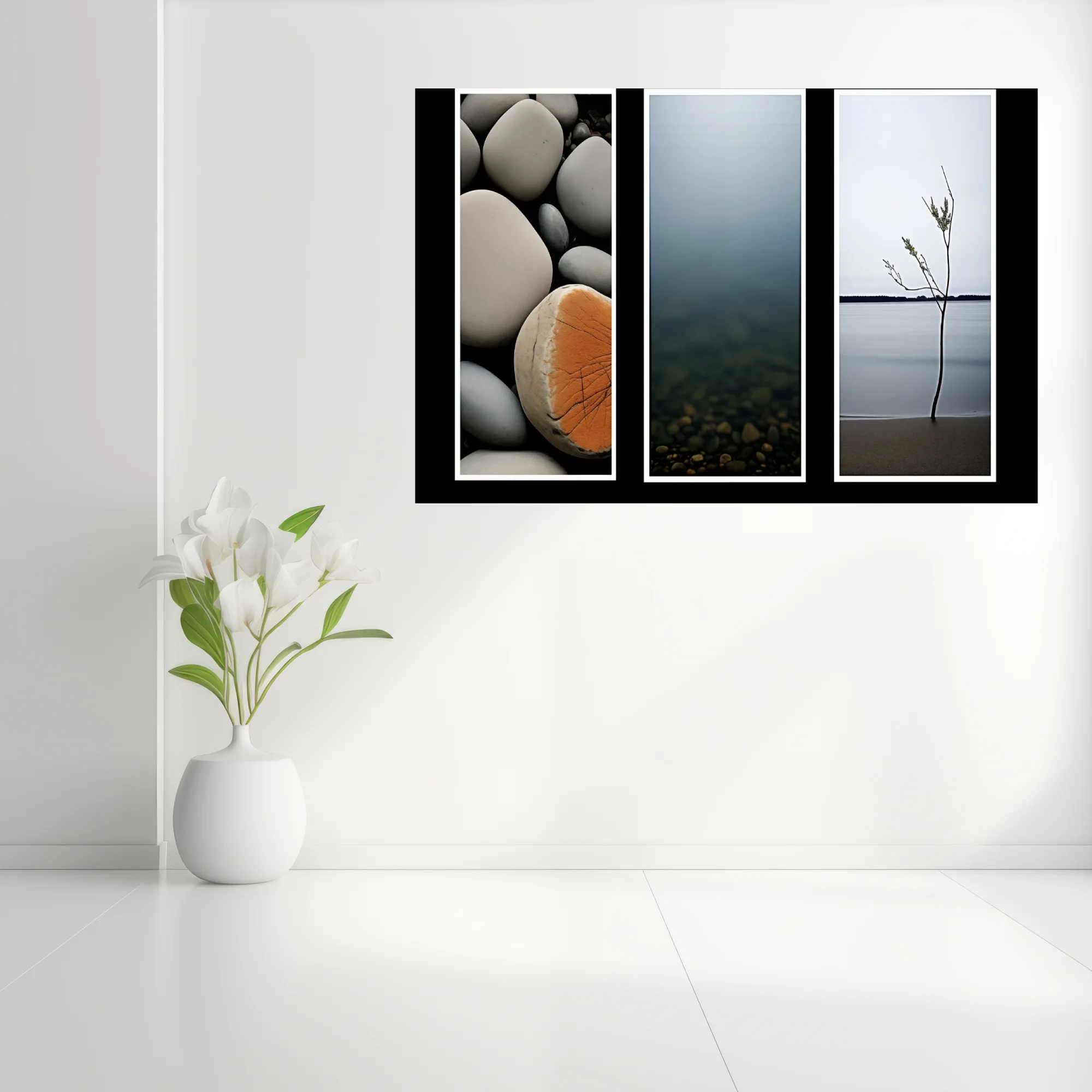 Minimalist nature triptych — coastal stones, misty water, lone sapling on calm shore