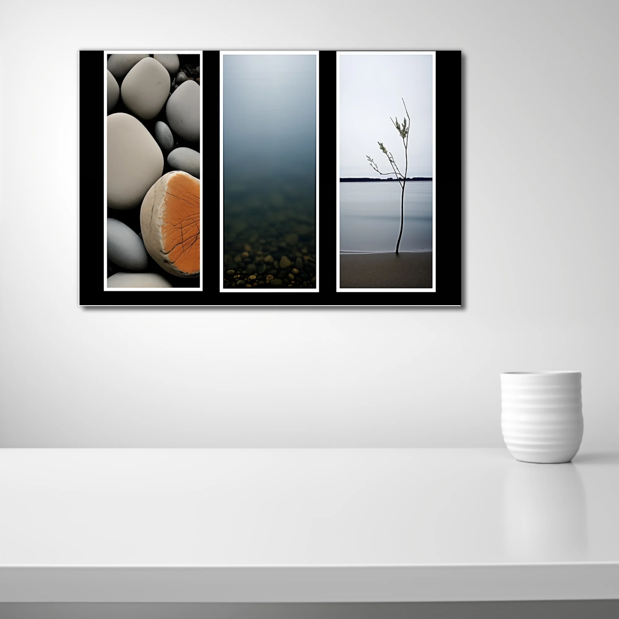 Minimalist nature triptych — coastal stones, misty water, lone sapling on calm shore