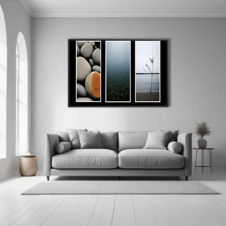Minimalist nature triptych — coastal stones, misty water, lone sapling on calm shore