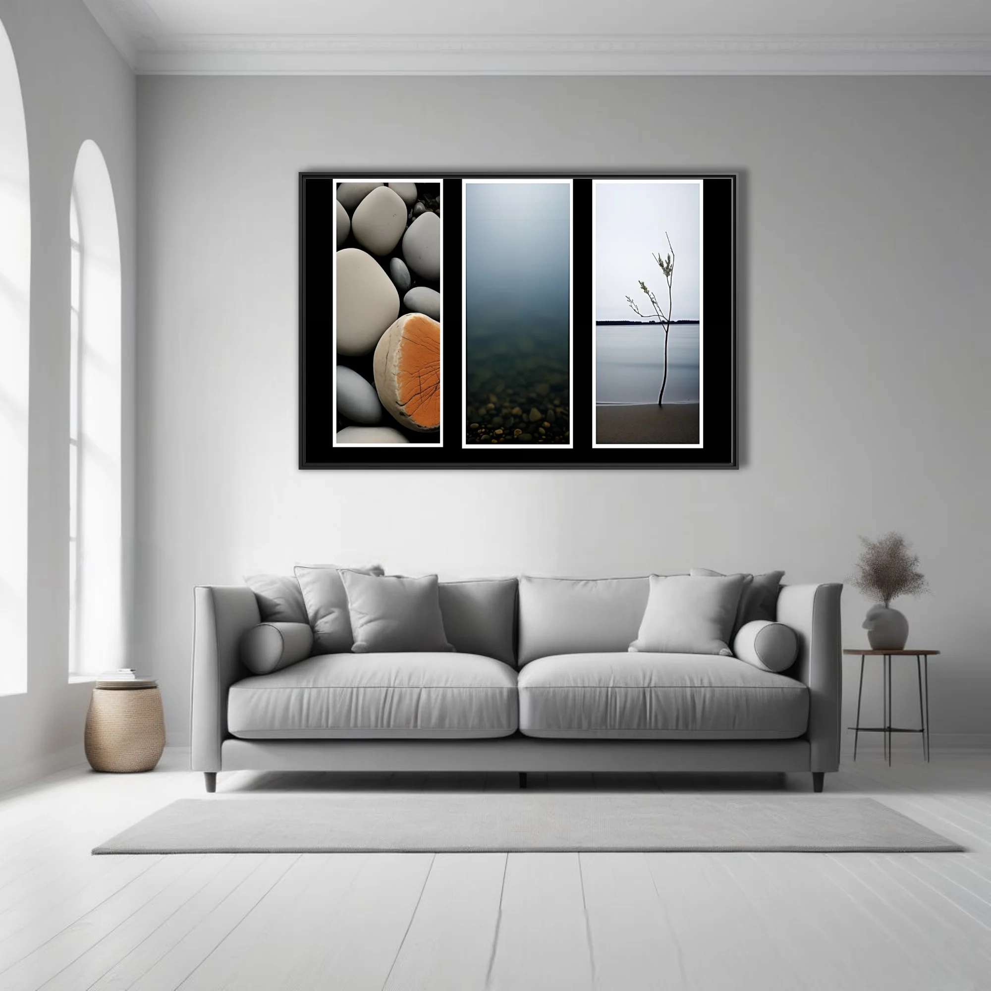 Minimalist nature triptych — coastal stones, misty water, lone sapling on calm shore