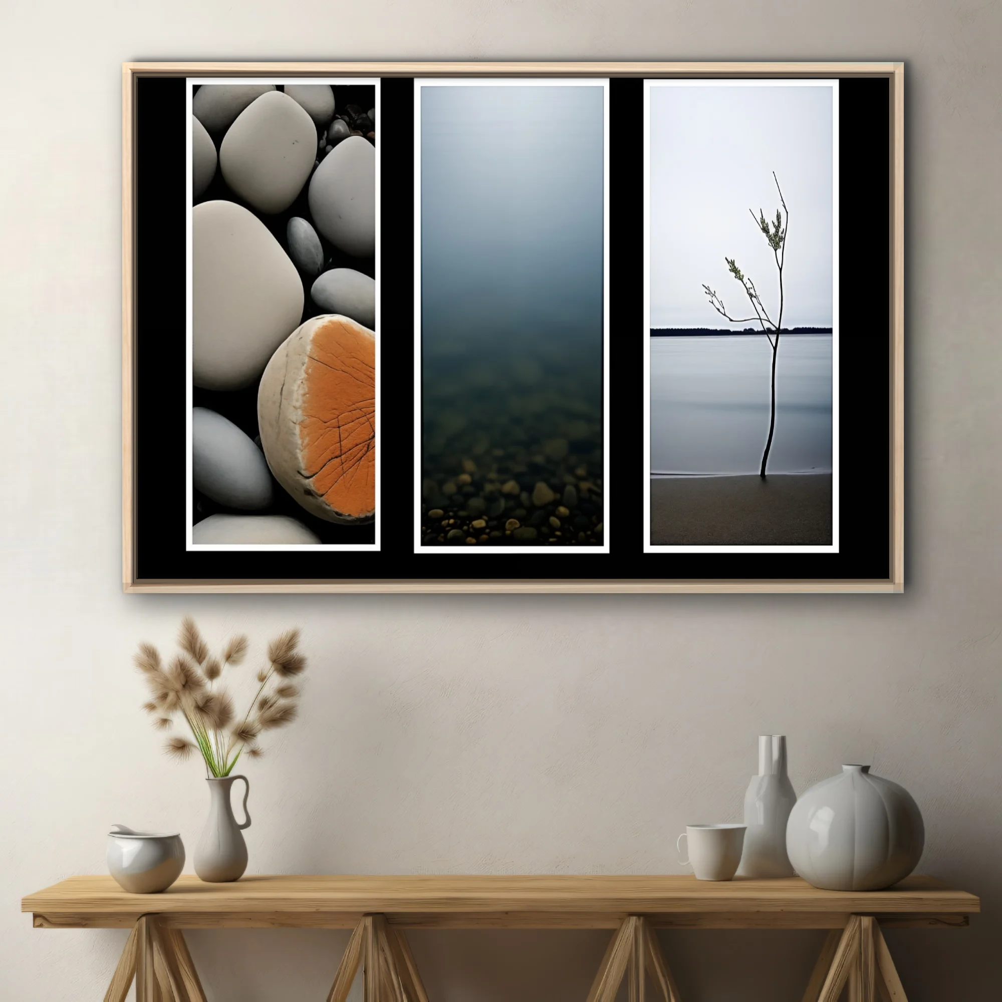 Minimalist nature triptych — coastal stones, misty water, lone sapling on calm shore