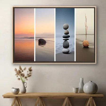 Minimalist Zen stone and coastal beach scenes in muted grey and warm tones