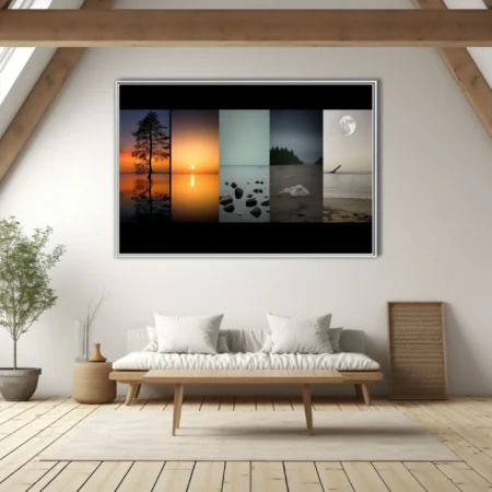 Minimalist multi-panel landscape photos, sunset reflections and moonlit shore, muted tones