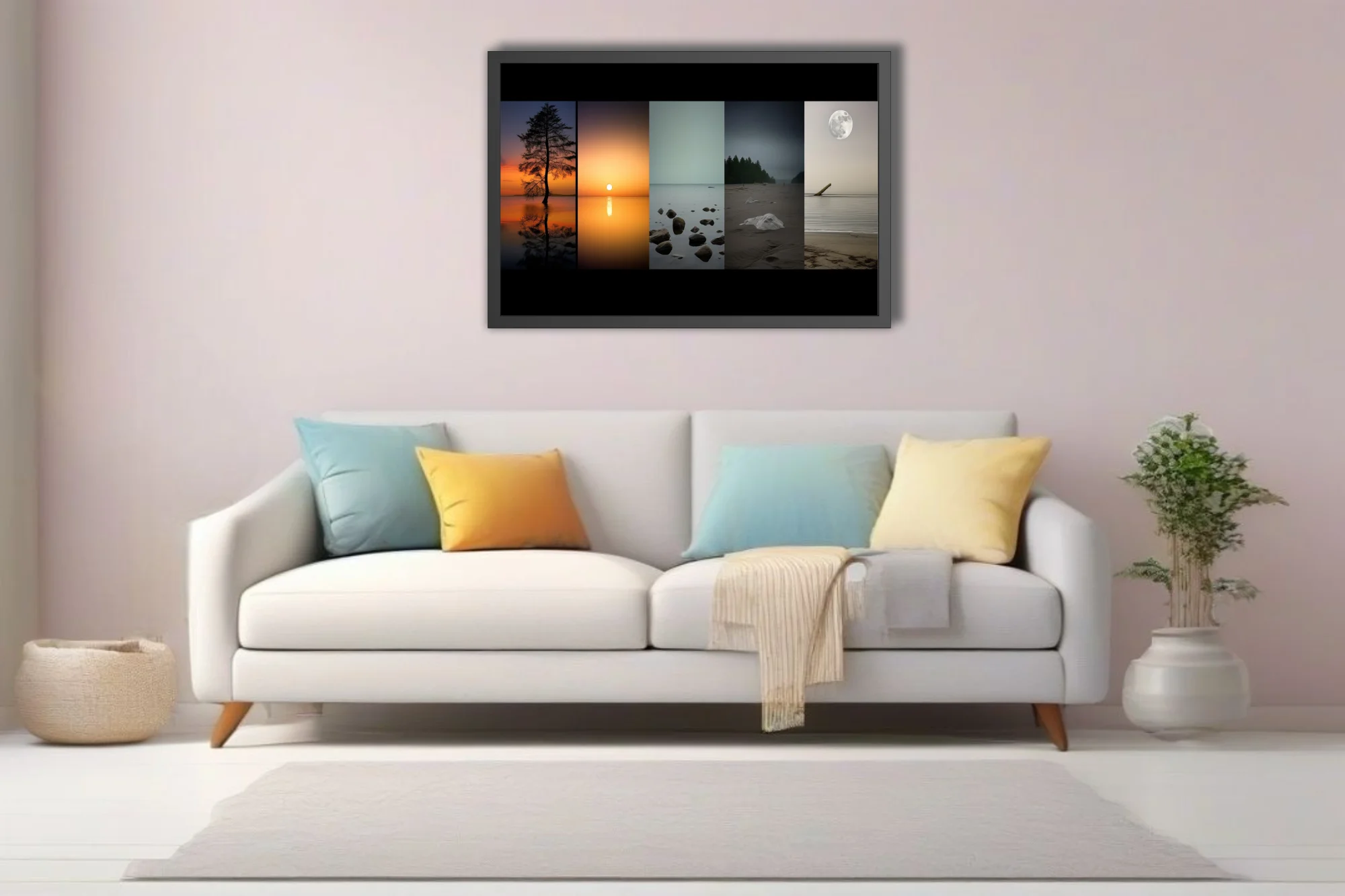 Minimalist multi-panel landscape photos, sunset reflections and moonlit shore, muted tones