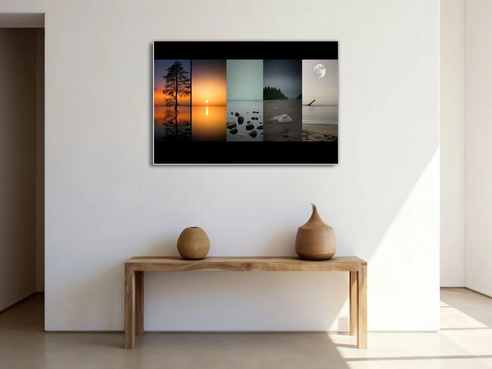 Minimalist multi-panel landscape photos, sunset reflections and moonlit shore, muted tones