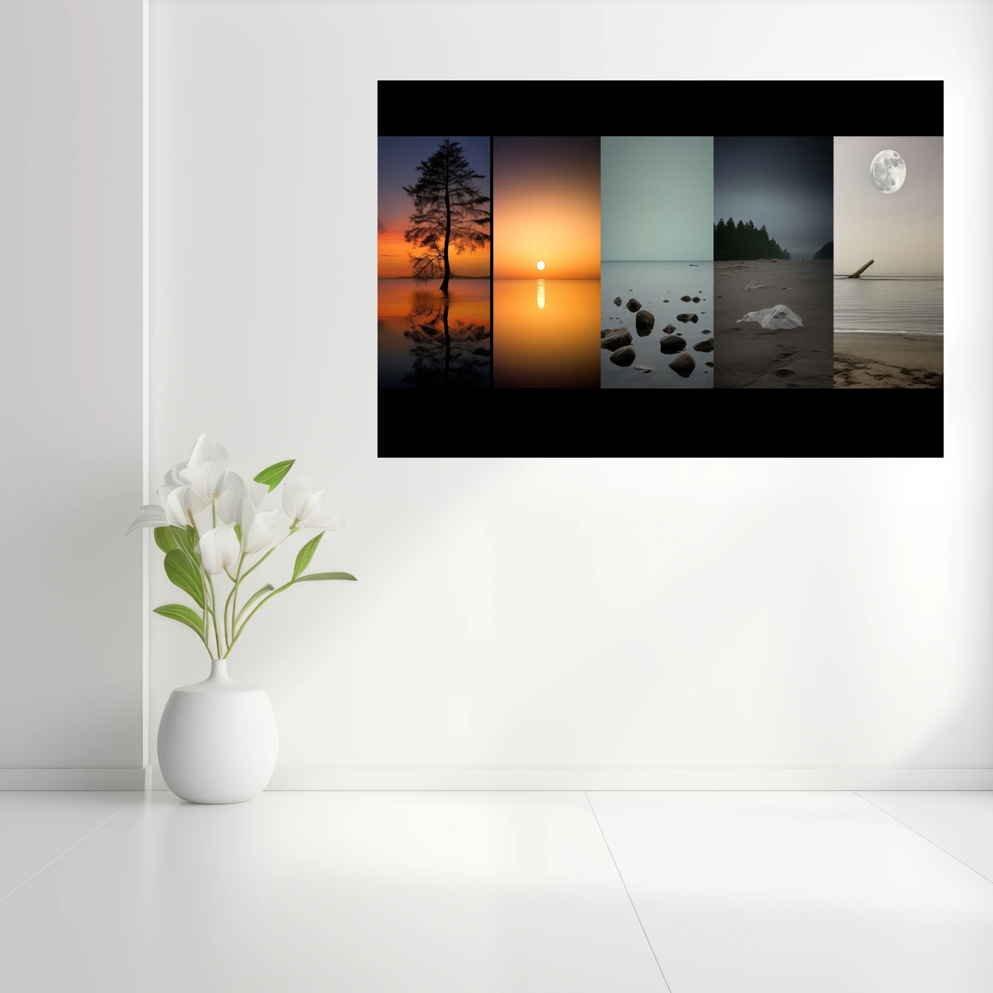 Minimalist multi-panel landscape photos, sunset reflections and moonlit shore, muted tones