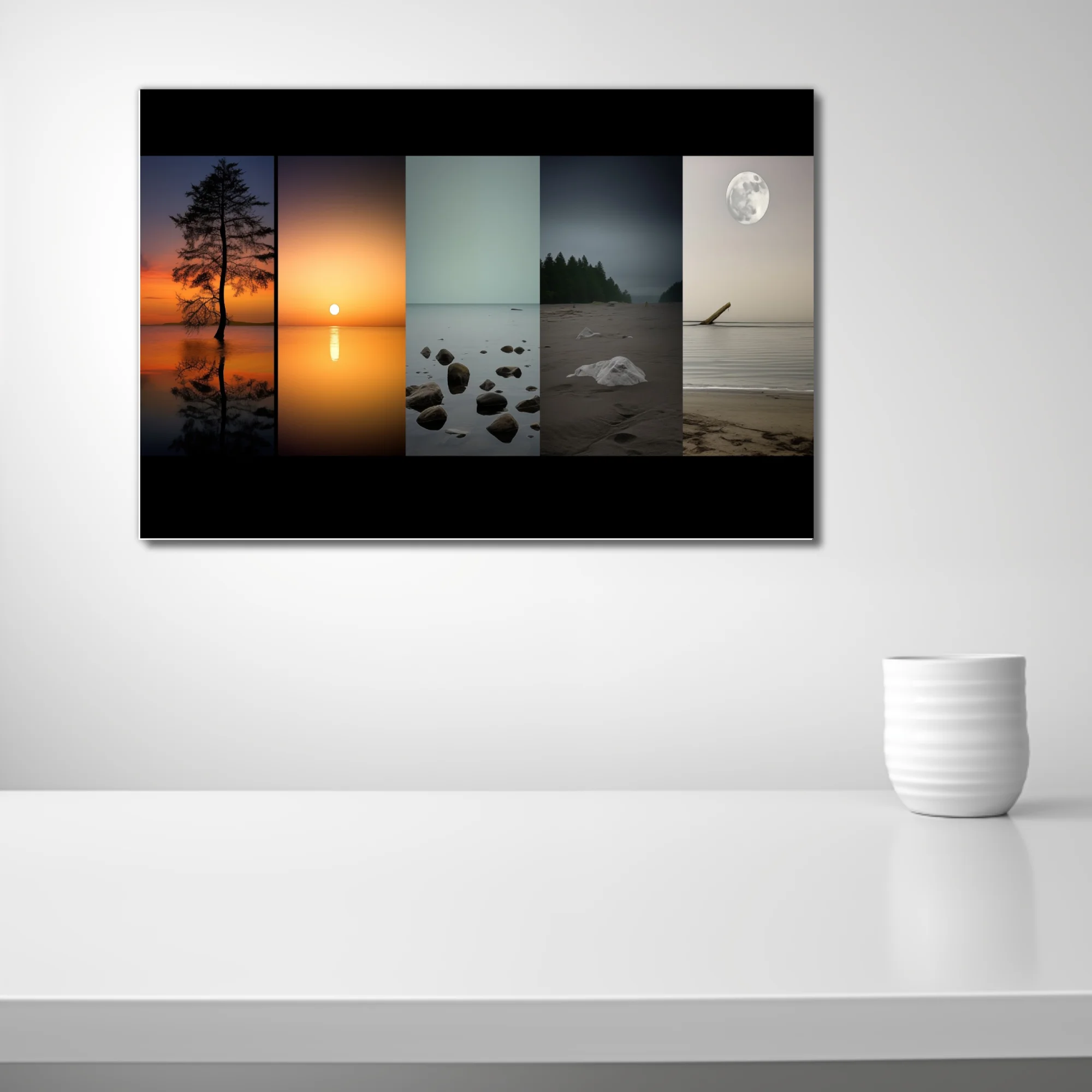 Minimalist multi-panel landscape photos, sunset reflections and moonlit shore, muted tones