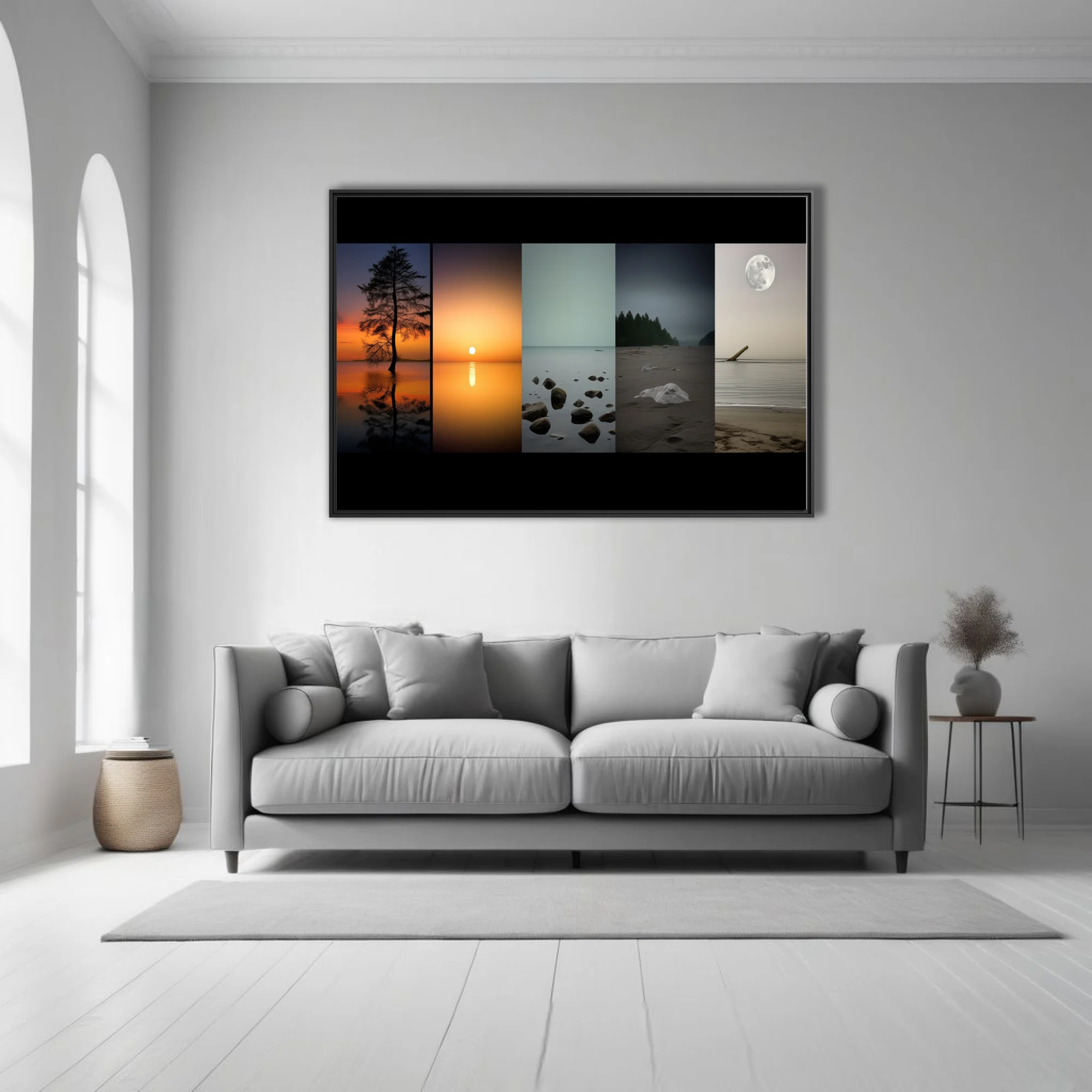 Minimalist multi-panel landscape photos, sunset reflections and moonlit shore, muted tones