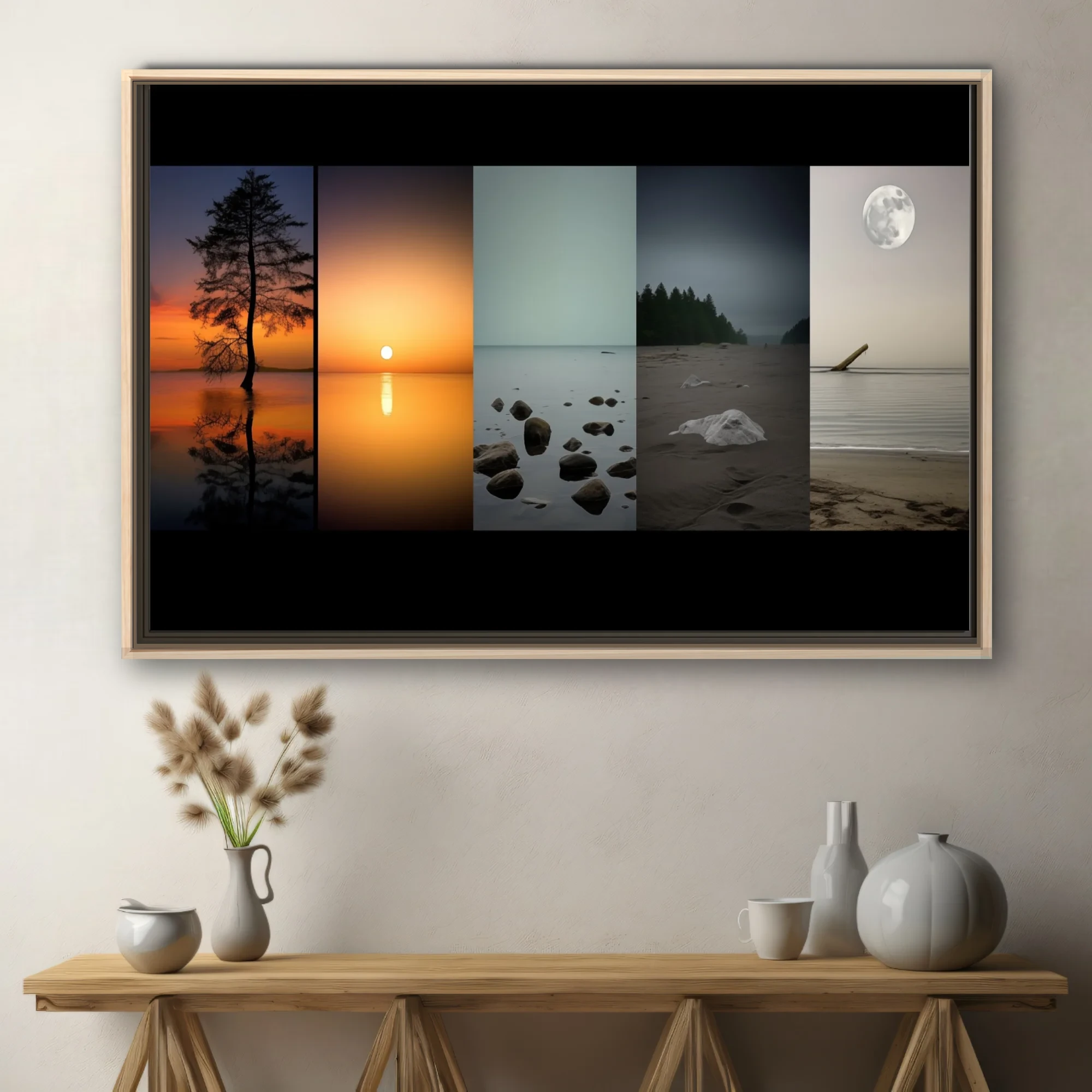 Minimalist multi-panel landscape photos, sunset reflections and moonlit shore, muted tones