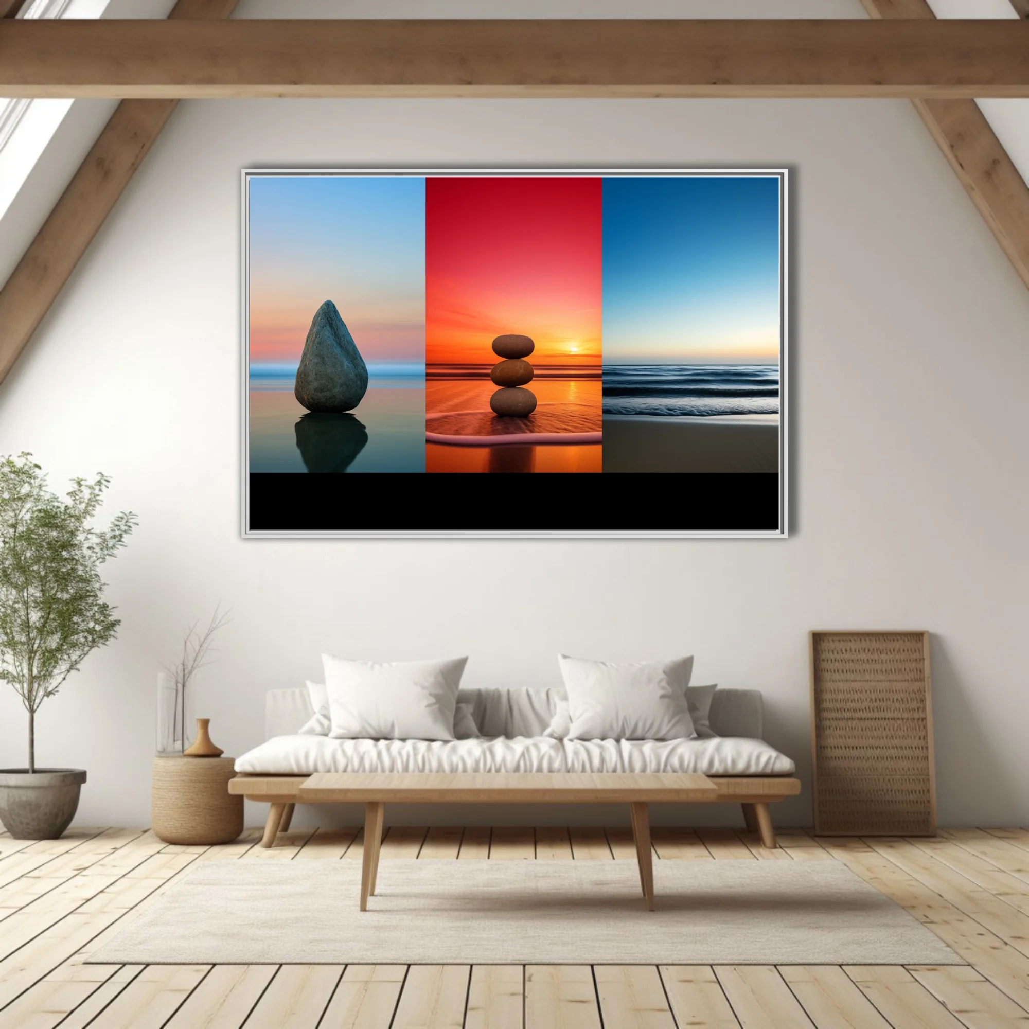 Minimalist zen stone triptych — twilight blue, fiery sunset, coastal calm