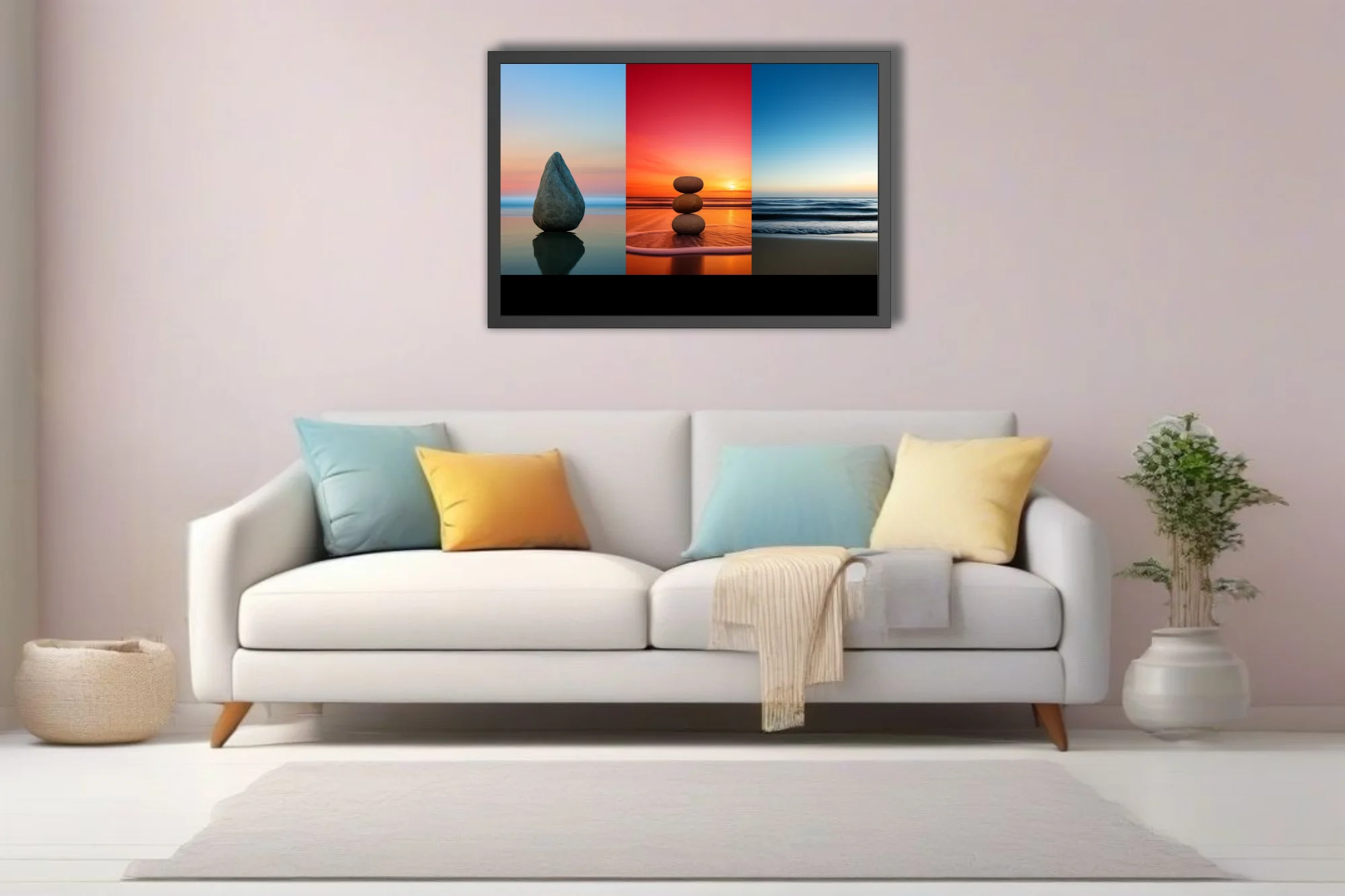 Minimalist zen stone triptych — twilight blue, fiery sunset, coastal calm