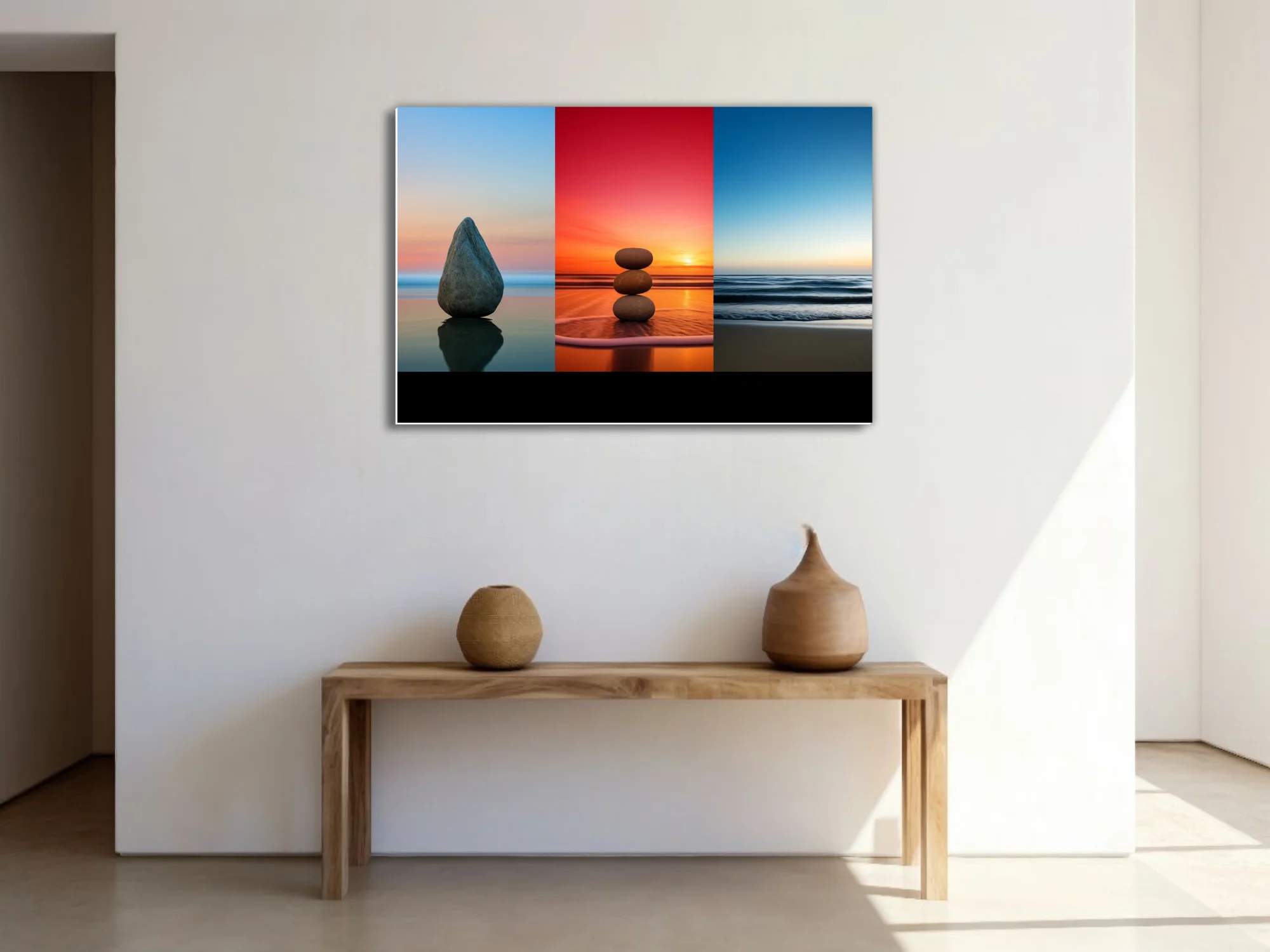Minimalist zen stone triptych — twilight blue, fiery sunset, coastal calm