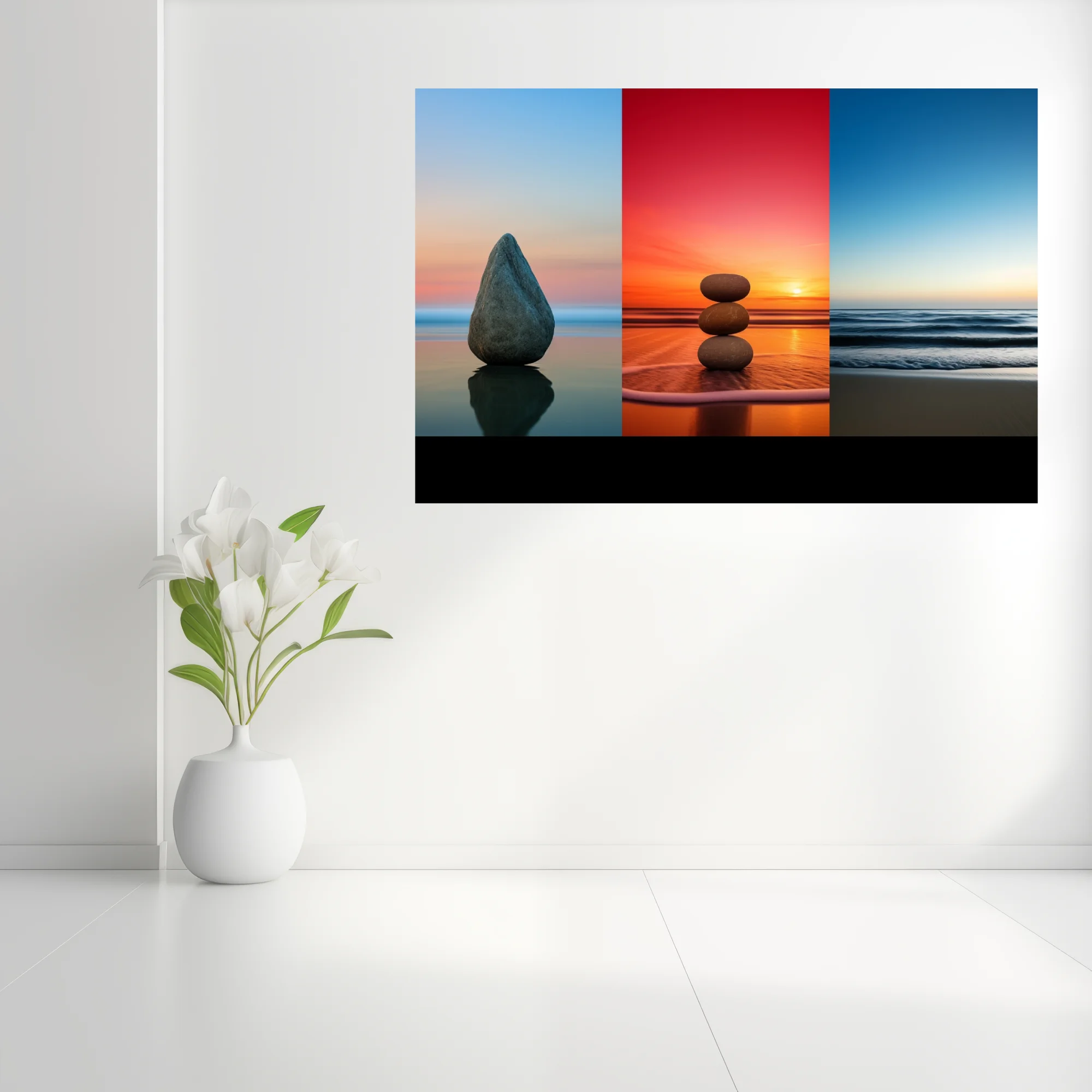 Minimalist zen stone triptych — twilight blue, fiery sunset, coastal calm