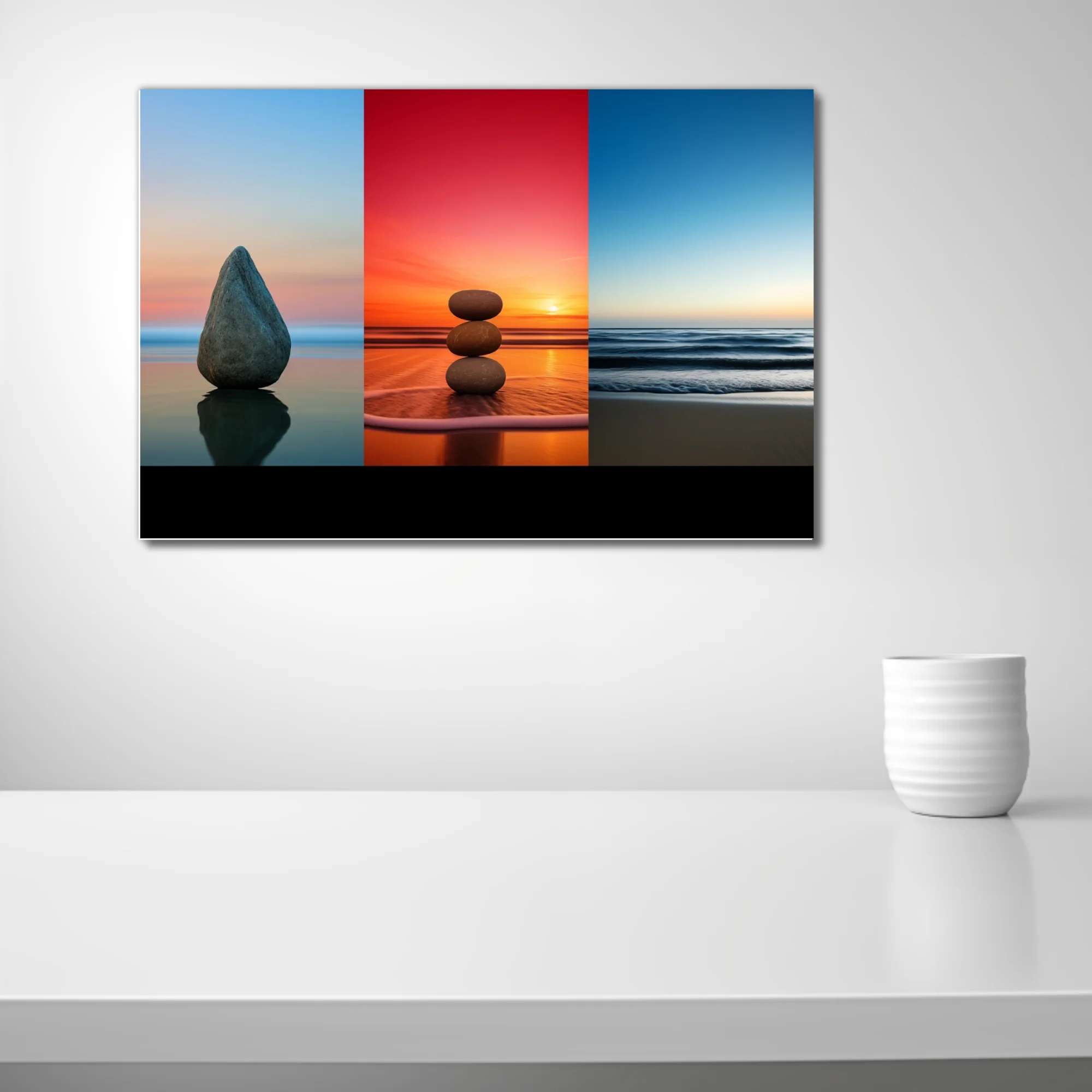 Minimalist zen stone triptych — twilight blue, fiery sunset, coastal calm