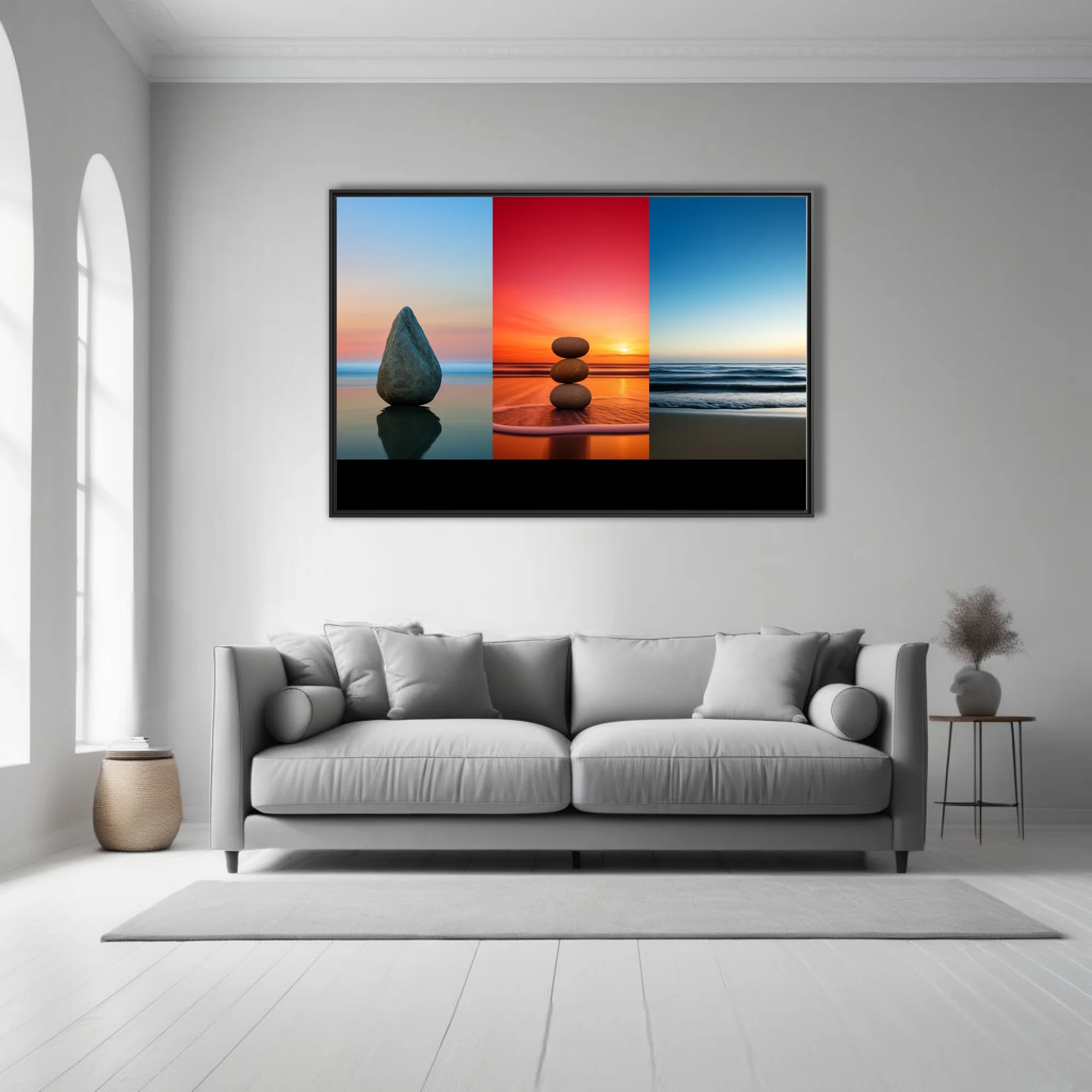 Minimalist zen stone triptych — twilight blue, fiery sunset, coastal calm