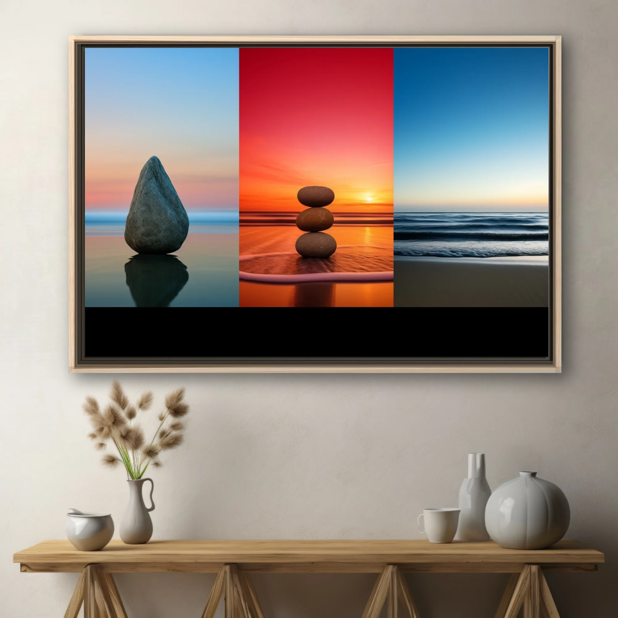 Minimalist zen stone triptych — twilight blue, fiery sunset, coastal calm