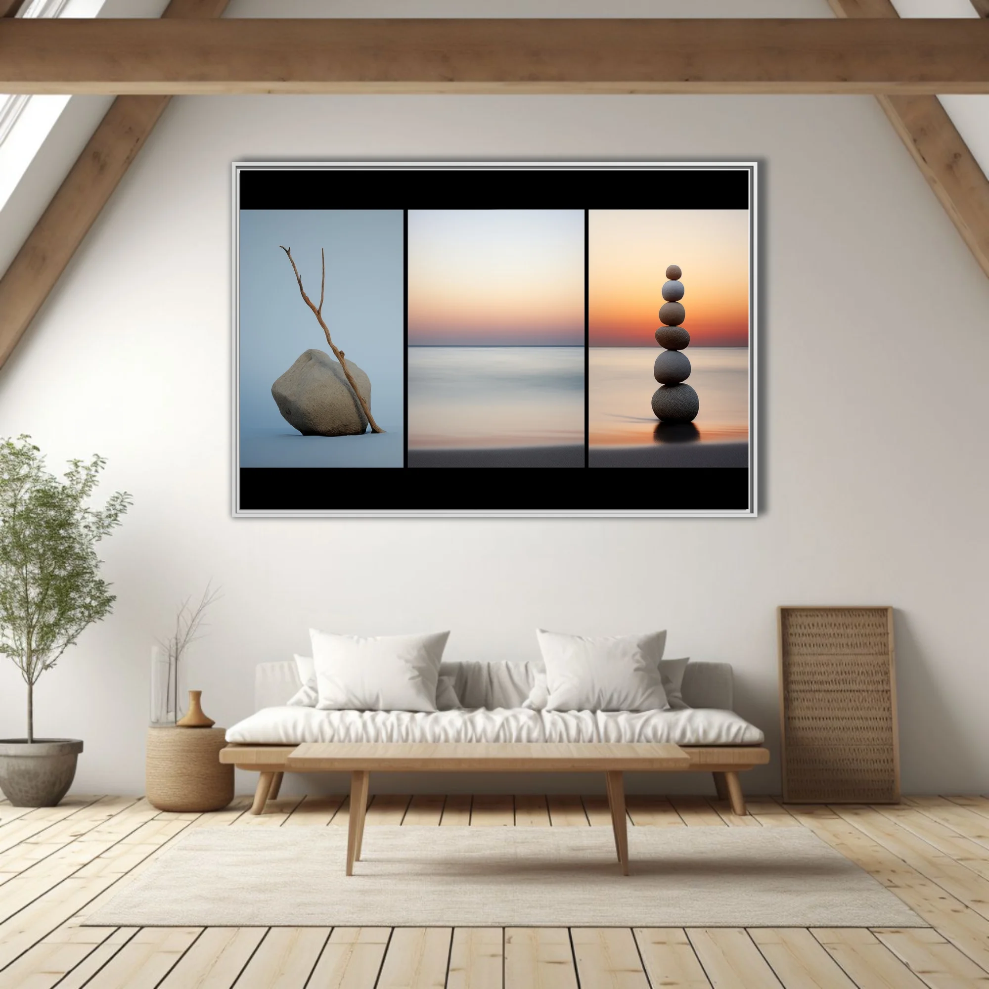Minimalist Zen triptych — driftwood, stacked stones, sunset seascape, calm neutral tones