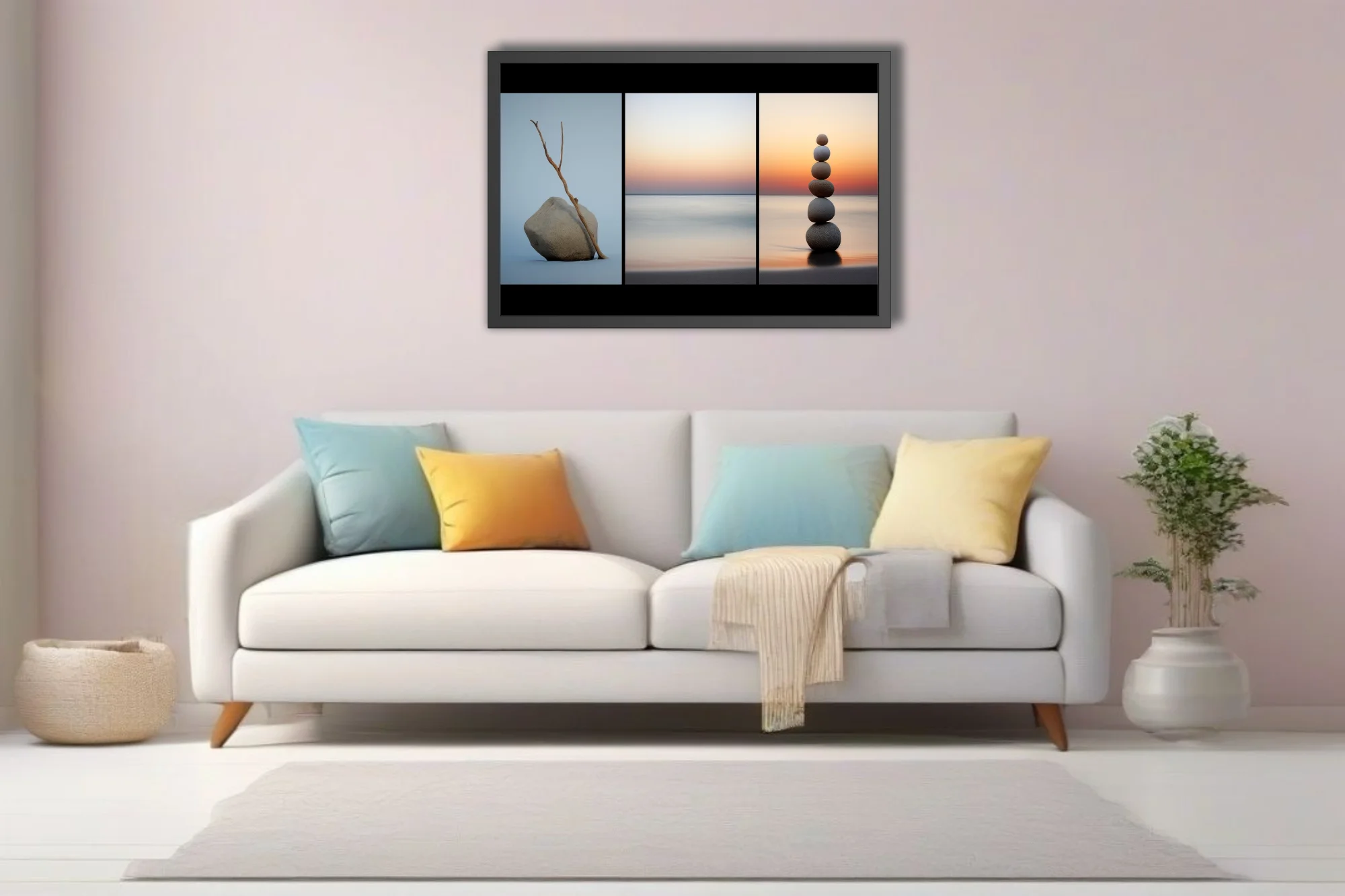 Minimalist Zen triptych — driftwood, stacked stones, sunset seascape, calm neutral tones