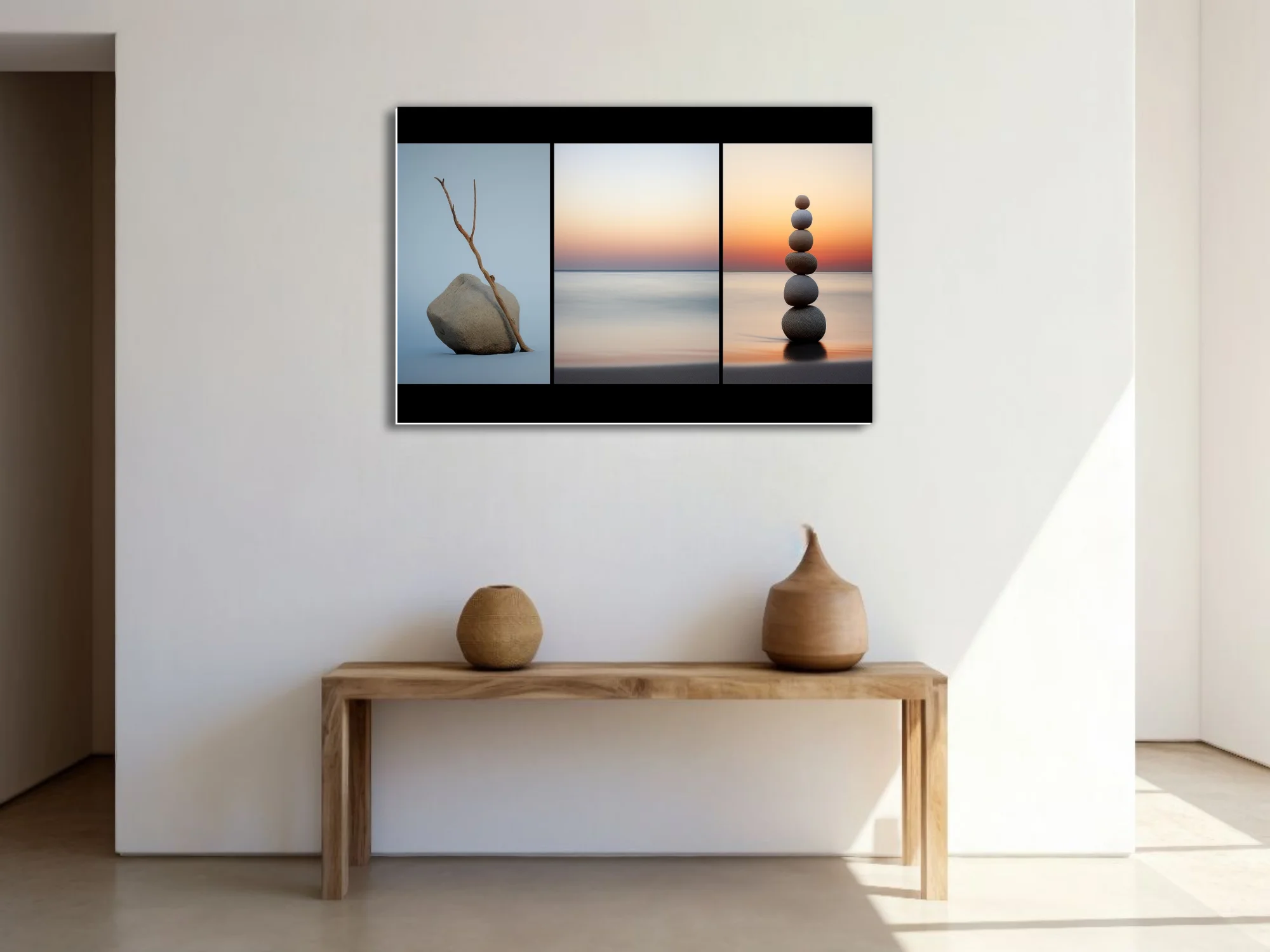 Minimalist Zen triptych — driftwood, stacked stones, sunset seascape, calm neutral tones