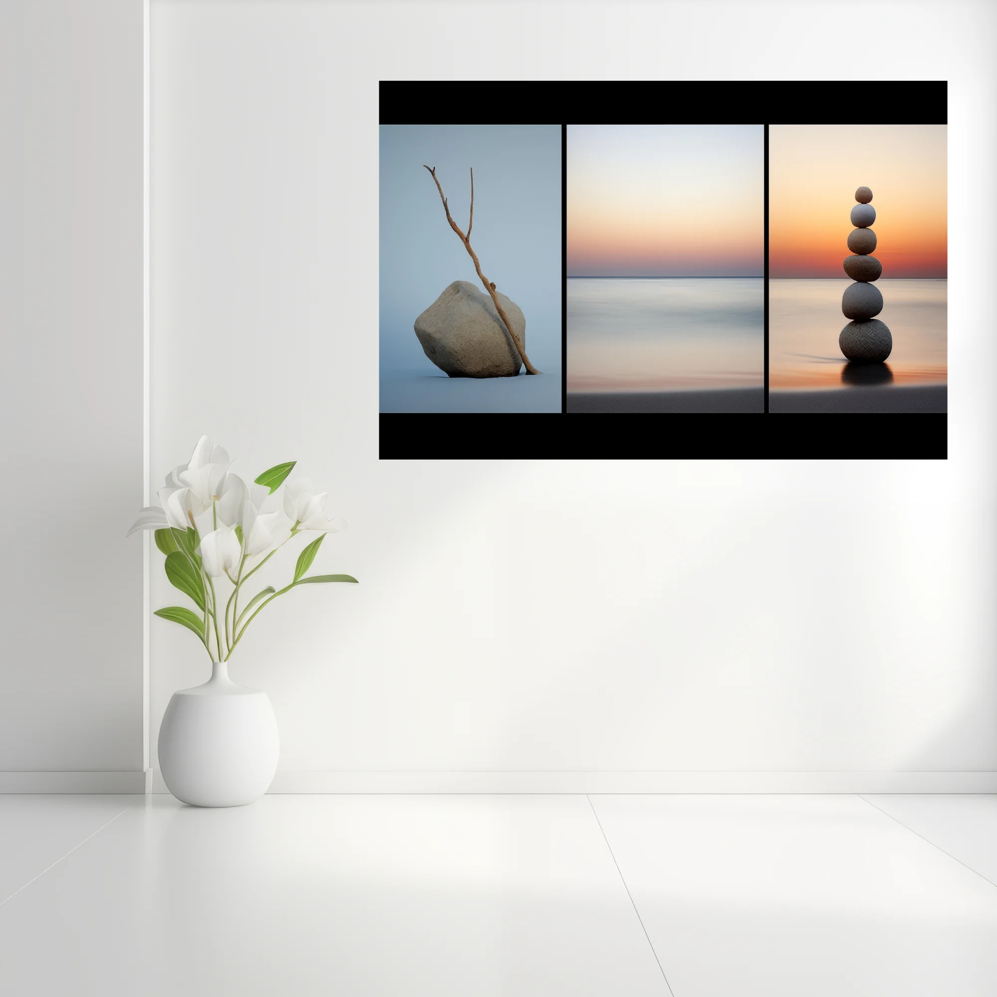 Minimalist Zen triptych — driftwood, stacked stones, sunset seascape, calm neutral tones