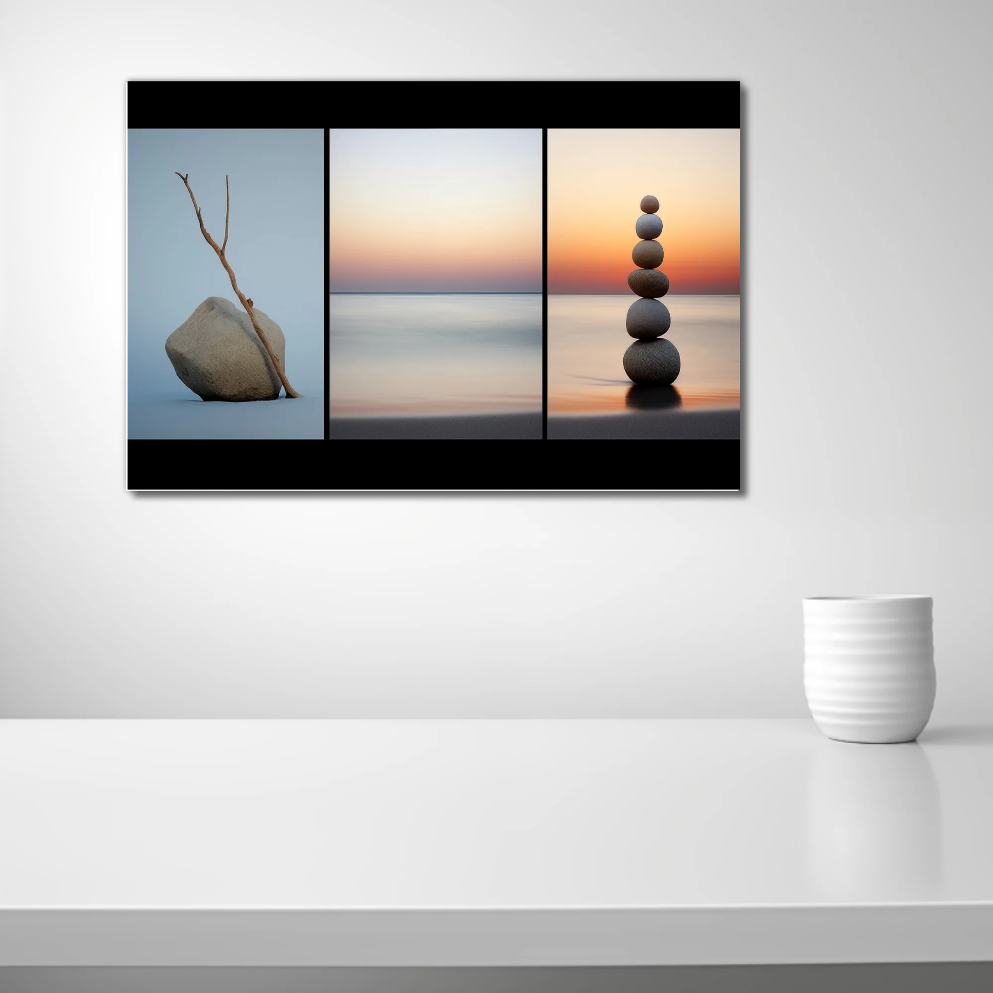 Minimalist Zen triptych — driftwood, stacked stones, sunset seascape, calm neutral tones