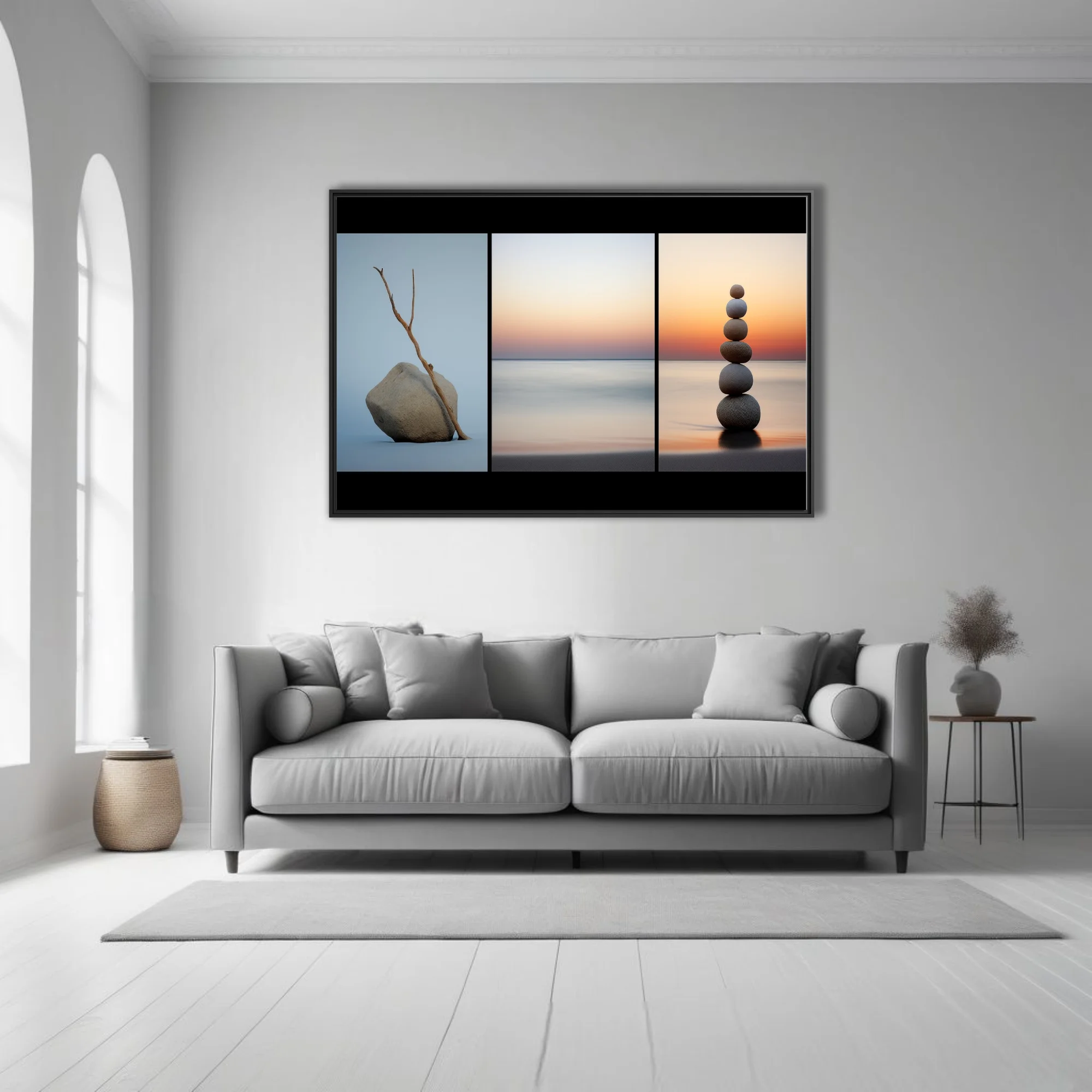 Minimalist Zen triptych — driftwood, stacked stones, sunset seascape, calm neutral tones