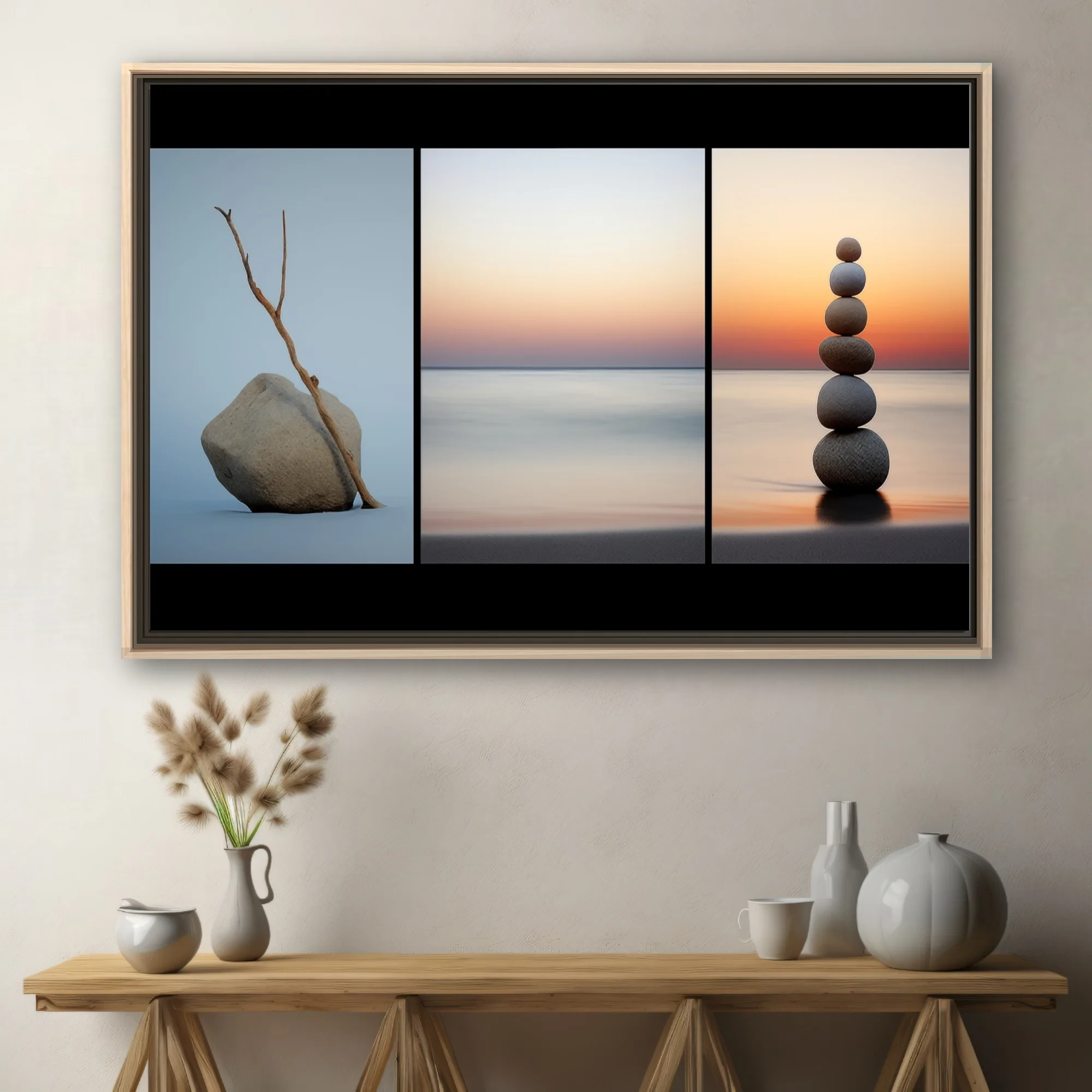 Minimalist Zen triptych — driftwood, stacked stones, sunset seascape, calm neutral tones